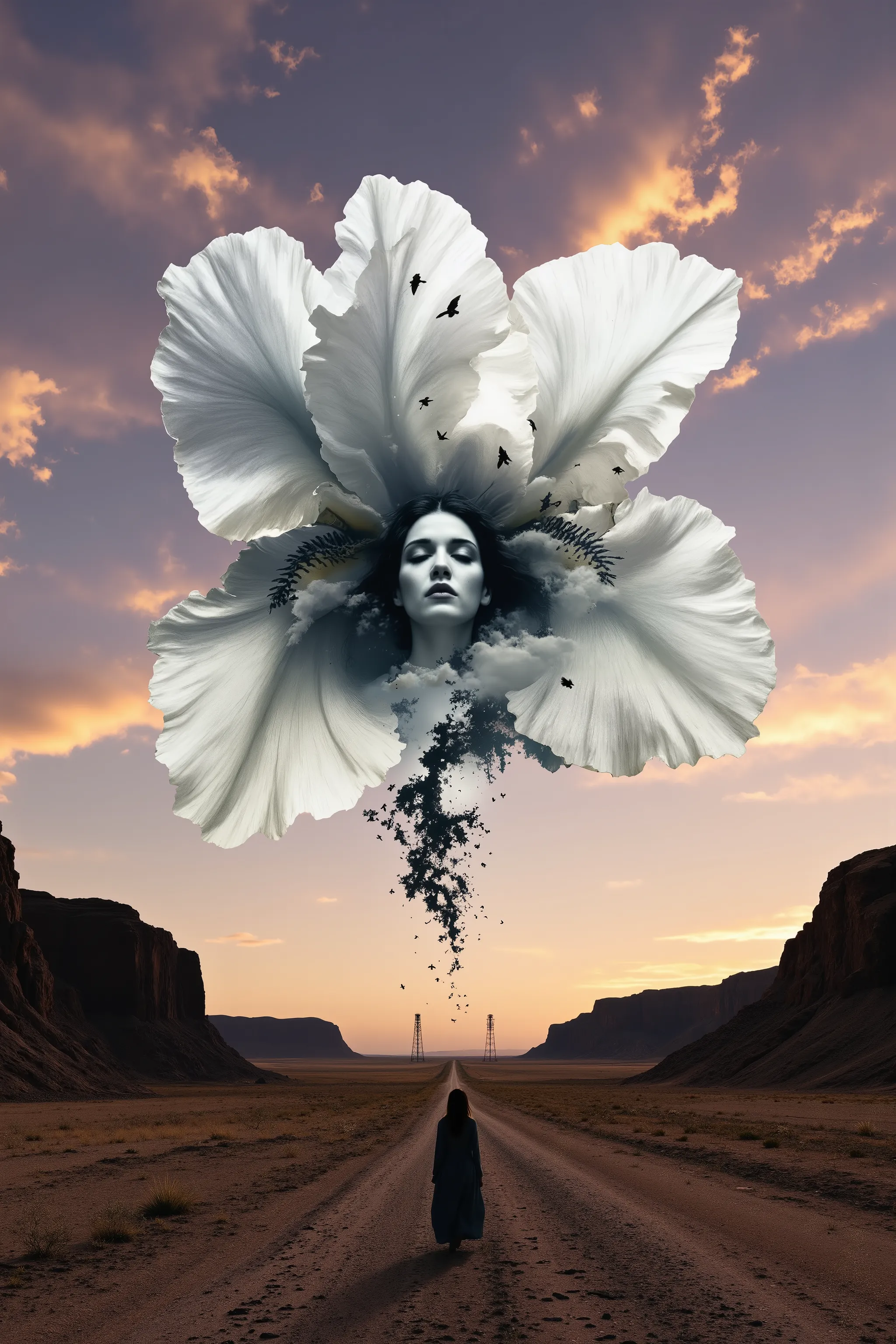High-quality composite double exposure. hyperreal cinematic surreal photo, mysterious woman in translucent dress floating horizontally across desert sky, body half-submerged in massive cloud shaped like blooming iris flower, face calm, eyes closed, from he...