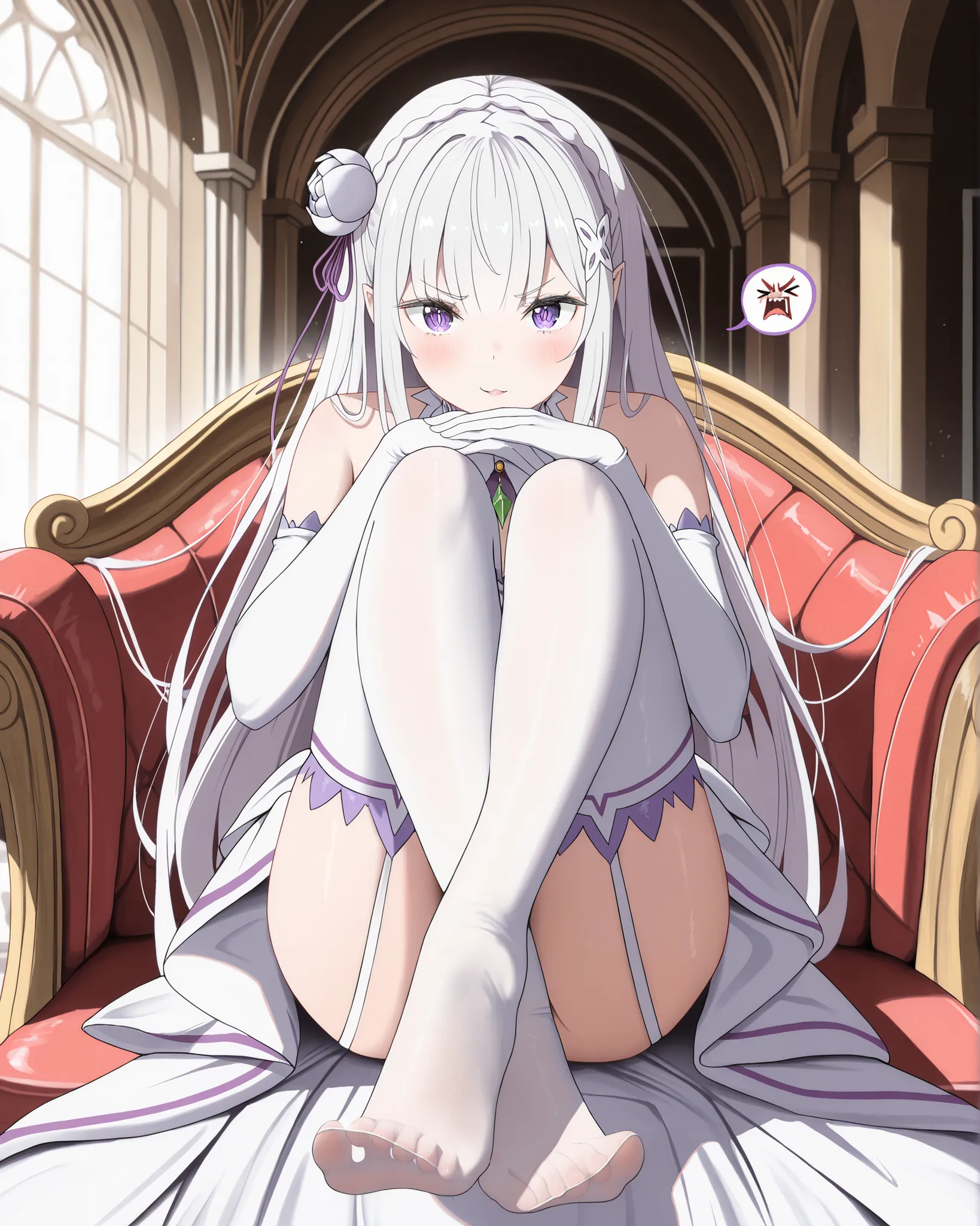 masterpiece, excellent quality, best quality, is absolutely glamorous, ridiculous results, high resolution, en yeni, Inside, 1girl, (Full length view from head to toe), re:zero sits in a seductive pose while showing her sexy feet in the foreground while E...