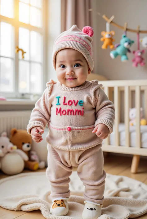 (((Full body))) (((golden Hour))) Beautiful very chubby baby (((chuby))) caucasiano, de 1 ano ((( standing))) in a woolen outfit knitted with pastel colors and with the text "I Love Mommi" embroidered on your wool blouse, the wool blouse has a pocket, the ...