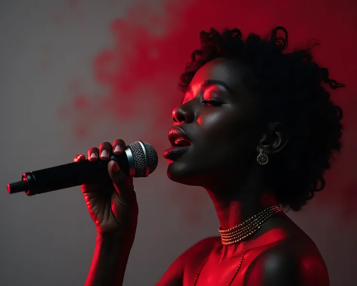 A black singer with a microphone in her hand, eyes closed, boca aberta (as if a black singer with a microphone in her hand were singing in a deep tone) de frente. red lipstick background. gray background for cropping. high definition. 4k