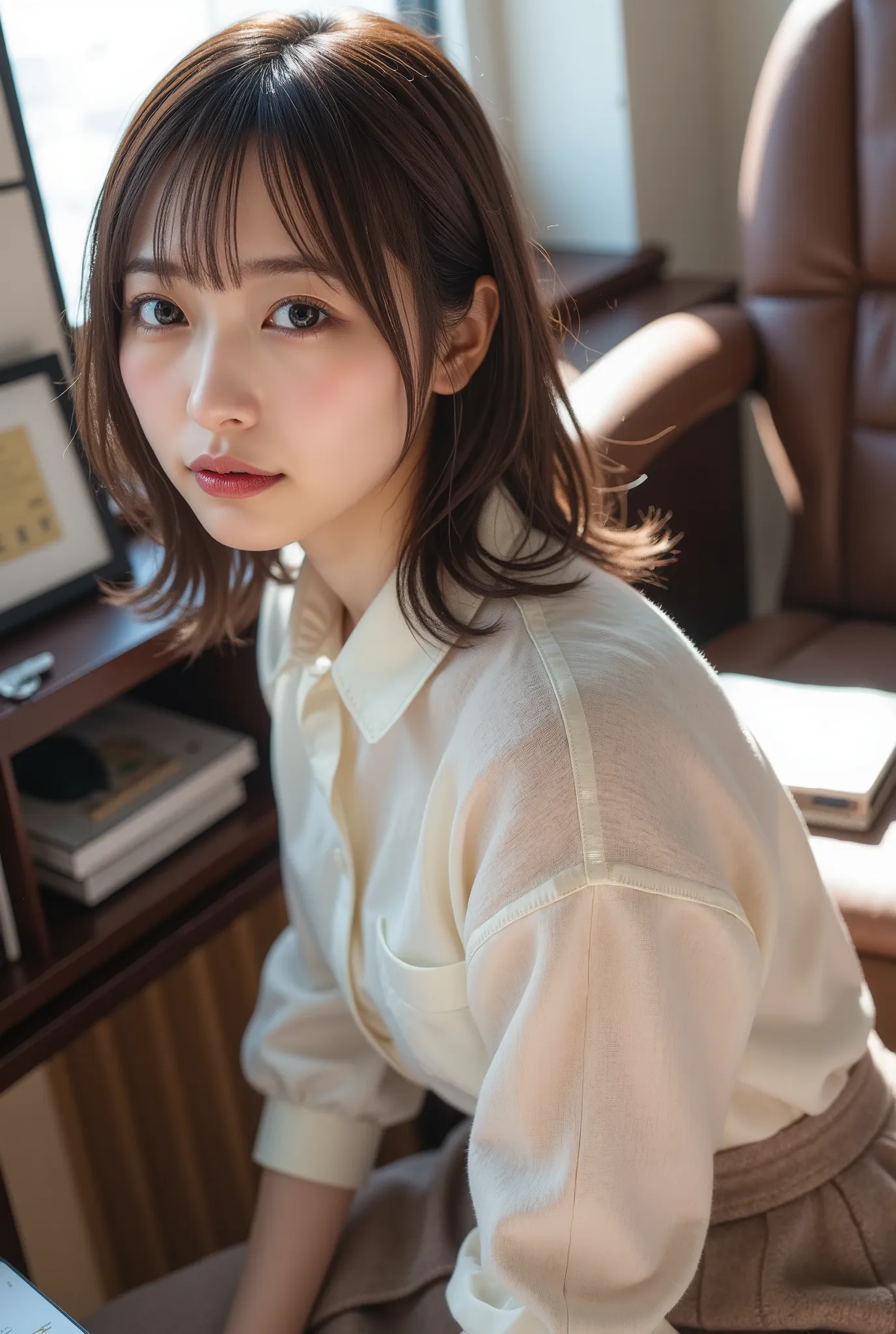 (Highest Quality、8k、best image quality、超A high resolution:1.5, (photorealistic:1.4),masterpiece:1.2,(top-quality:1.4)、Raw photo)、woman working in an office、suits、OL、(highlight your body line:1.1)、Portrait of a beautiful classy woman、THE MOST ELEGANT AND C...