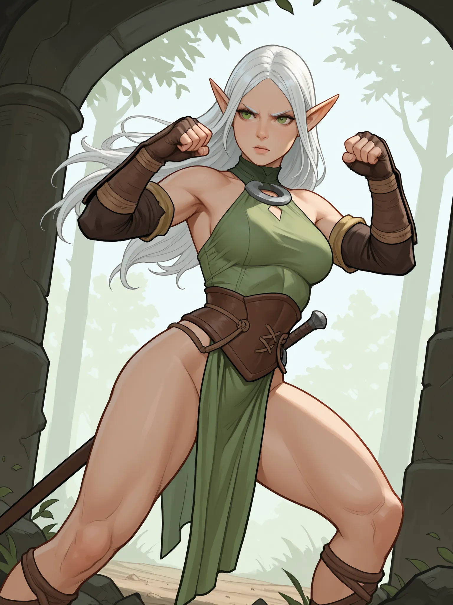 elf girl battle monk, alone in the foreground, in a fighting pose, she has white hair and closed clothes, rear low view