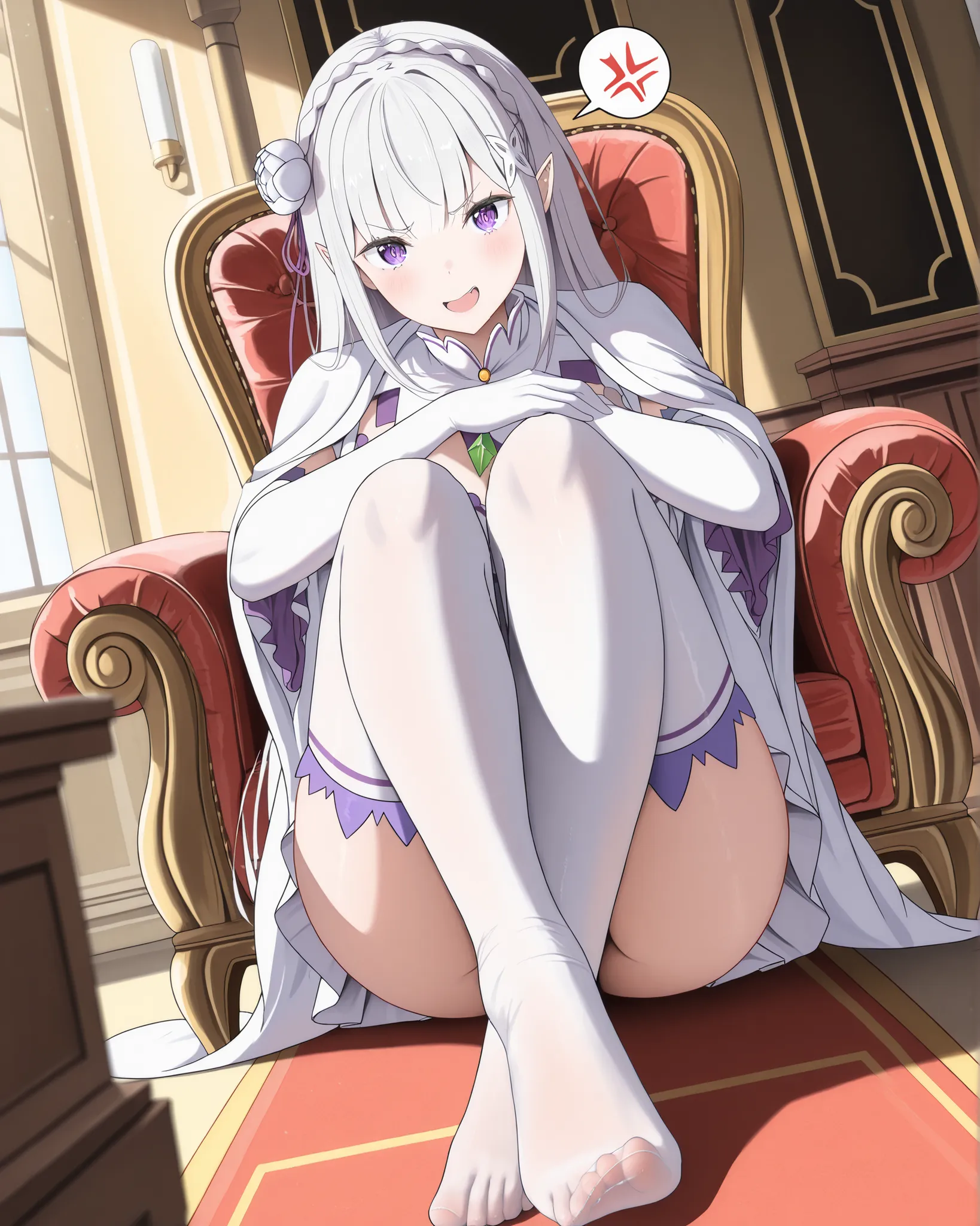 masterpiece, excellent quality, best quality, is absolutely glamorous, ridiculous results, high resolution, en yeni, Inside, 1girl, (Full length view from head to toe), re:zero sits in a seductive pose while showing her sexy feet in the foreground while...