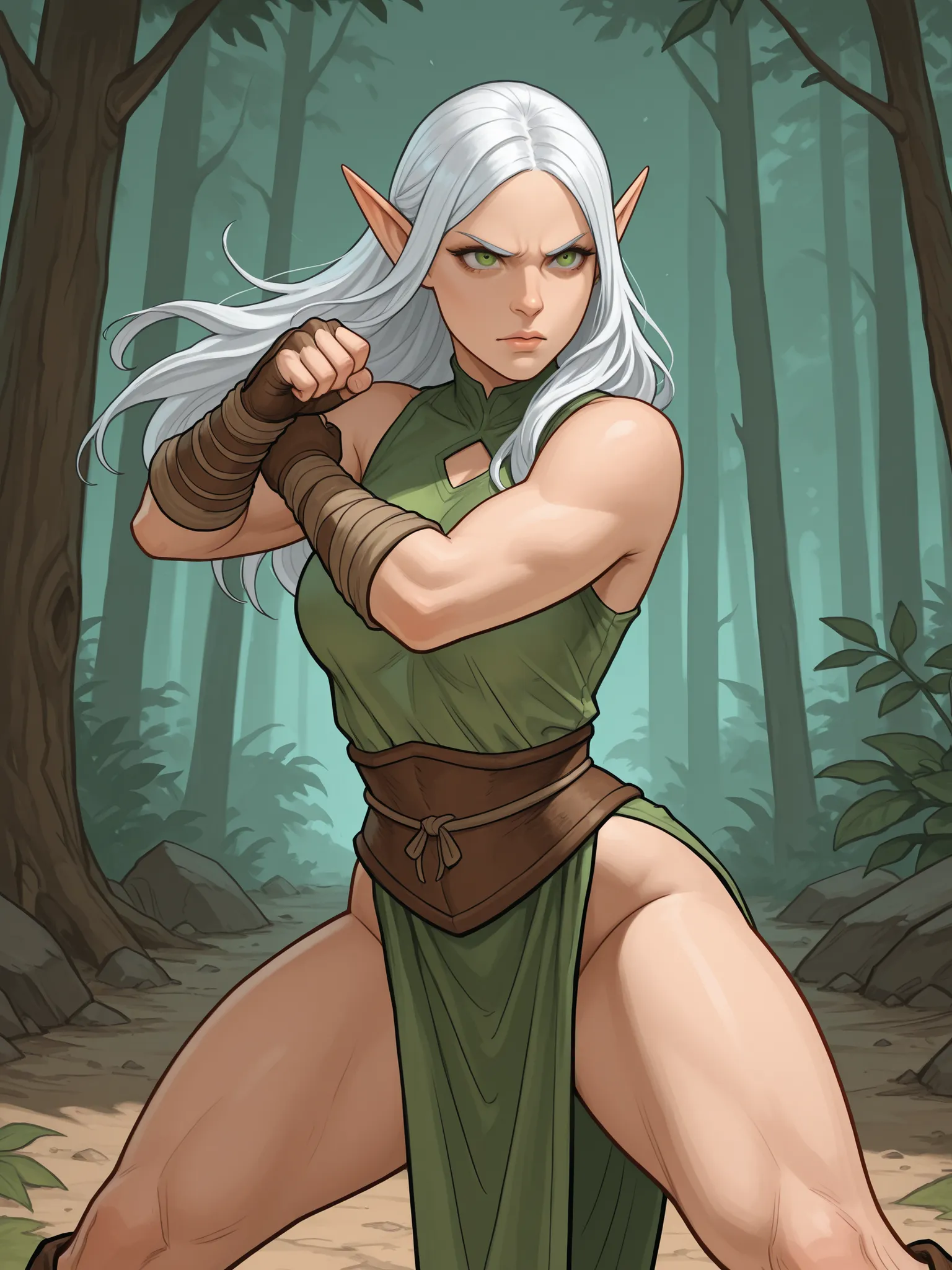elf girl battle monk, alone in the foreground, in a fighting pose, she has white hair and closed clothes