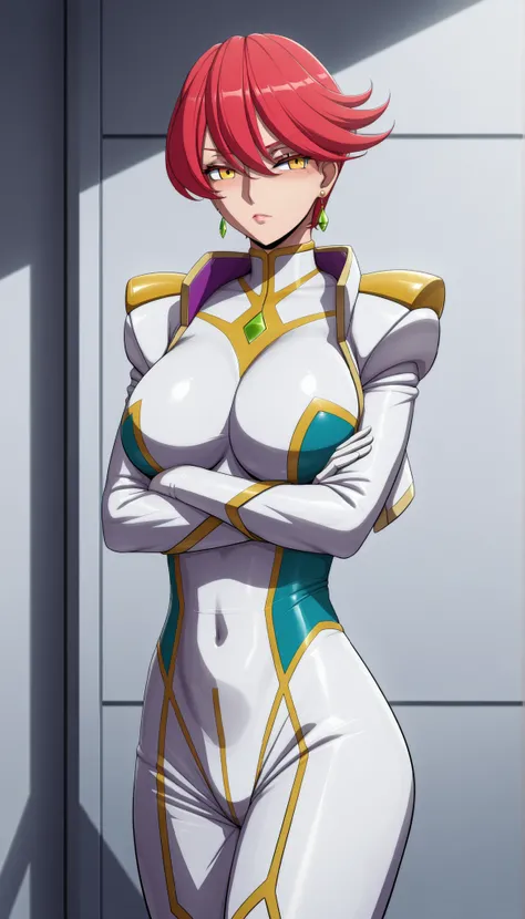 narah_pilotsuit,narah vaughn,1girl,solo,red hair, crossed arms,short hair,breasts ,yellow eyes,gloves,jewelry,earrings,lipstick,large breasts,mature female,MILF, standing , score_9, score_8_up, score_7_up, score_6_up, score_5_up, score_4_up , narah_pilotsu...