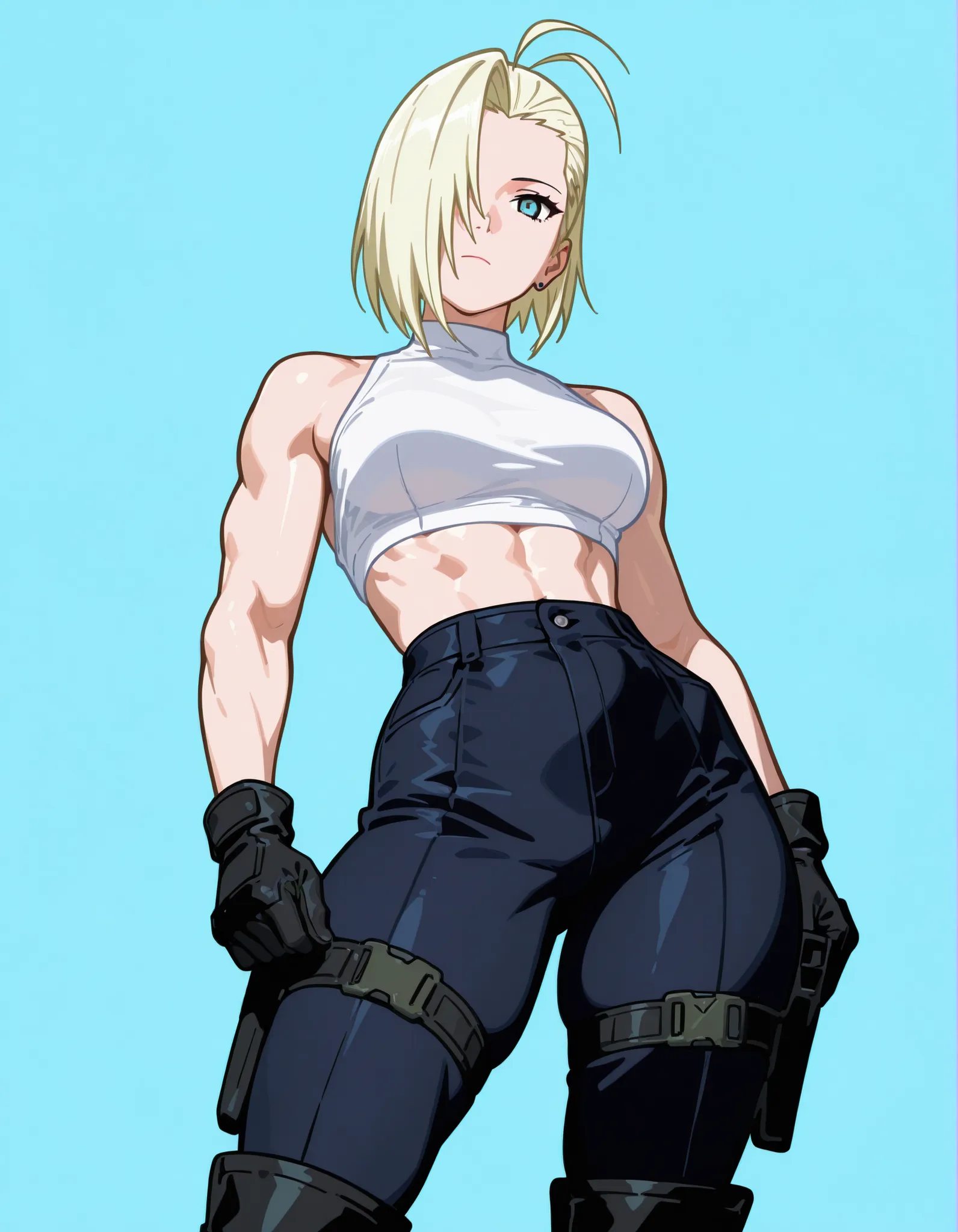 beautiful woman in her thirties, blonde hair, long thin face, blue eyes, narrow gaze, short hair, slicked back hair, slicked back hair, emo bangs that fall over one eye (antenna bangs) (Yamanaka Ino bangs), tall athletic woman, tight white top, black tacti...