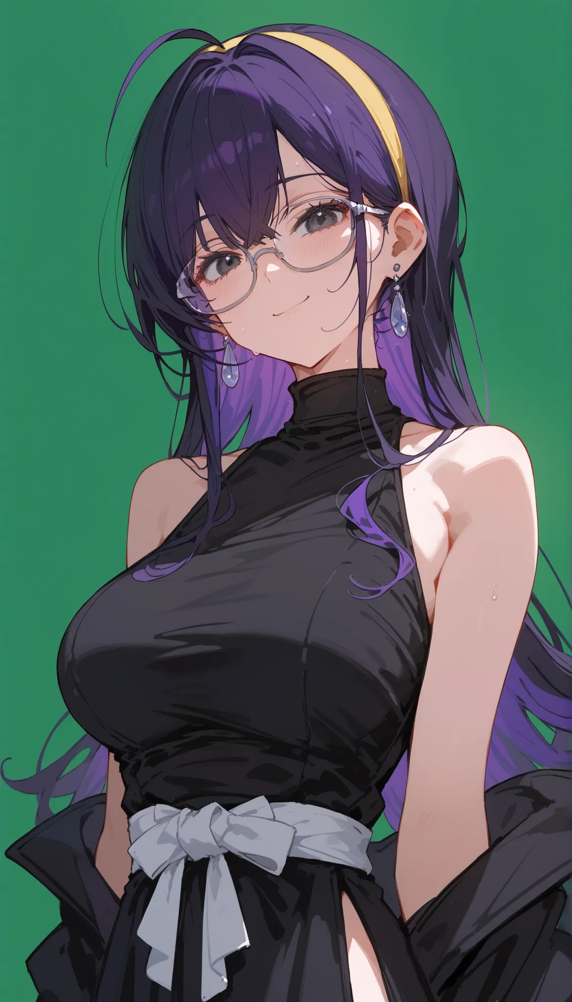 girl,purple hair, Black hair, Two tone hair,long hair,in Black Eyes,, in the empty eye,,Polo shirt ,Black Sleeveless Top,shorts,Square Glasses,smile,,awesome,milf,Gown,Gown,standing up,green background,Gown set,Shirt,All Black Dress,white waistband,Lab gow...