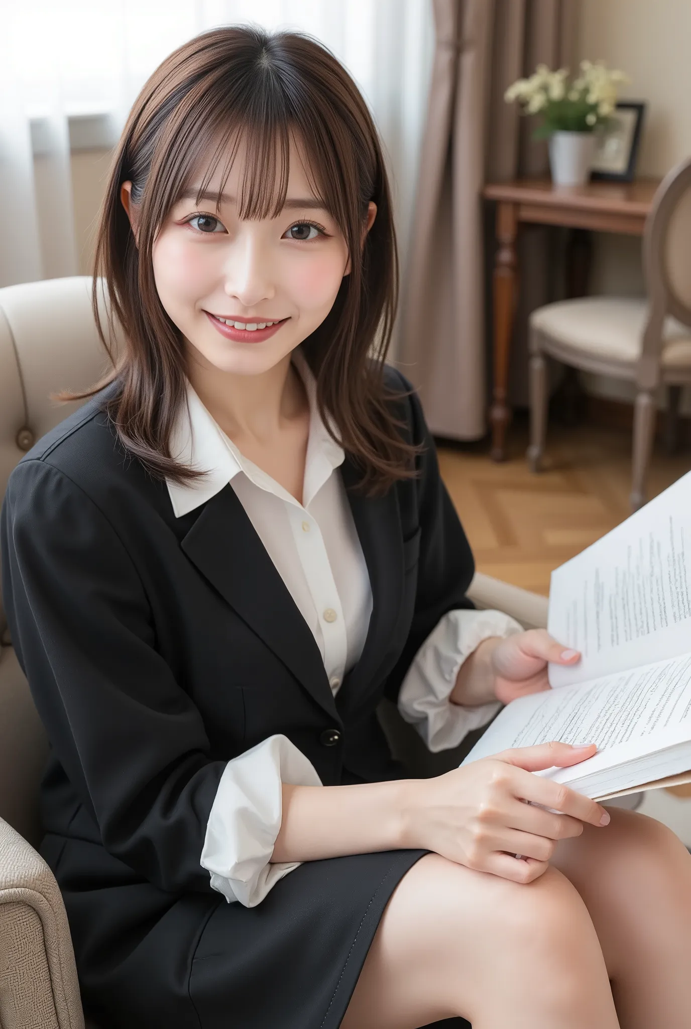 (Highest Quality、8k、best image quality、超A high resolution:1.5, (photorealistic:1.4),masterpiece:1.2,(top-quality:1.4)、Raw photo)、woman working in an office、suits、OL、(highlight your body line:1.1)、Portrait of a beautiful classy woman、THE MOST ELEGANT AND C...