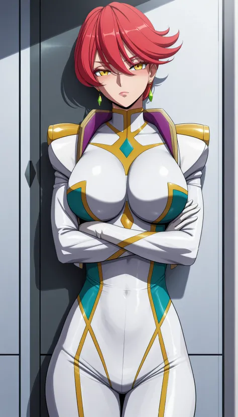 narah_pilotsuit,narah vaughn,1girl,solo,red hair, crossed arms,short hair,breasts ,yellow eyes,gloves,jewelry,earrings,lipstick,large breasts,mature female,MILF, standing , score_9, score_8_up, score_7_up, score_6_up, score_5_up, score_4_up , narah_pilotsu...