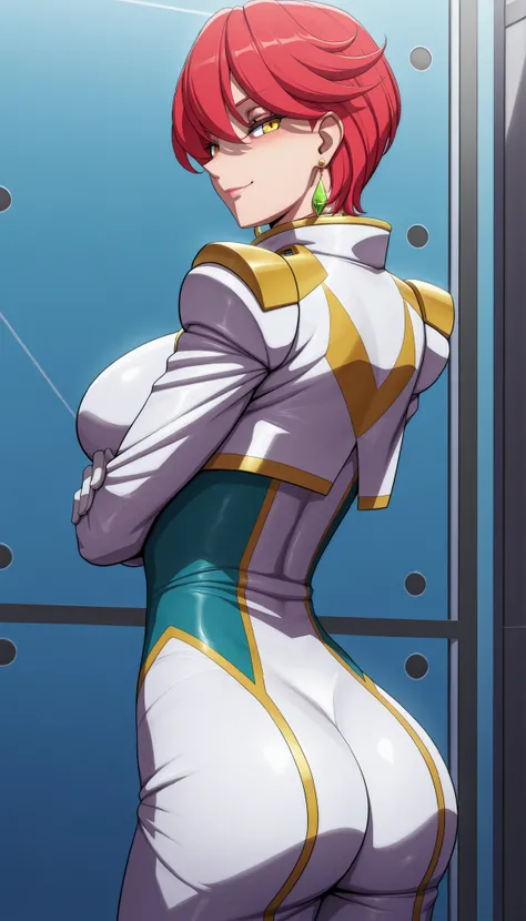 narah_pilotsuit,narah vaughn,1girl,solo,red hair, crossed arms,short hair,breasts ,yellow eyes,gloves,jewelry,earrings,lipstick,large breasts,mature female,MILF, standing , score_9, score_8_up, score_7_up, score_6_up, score_5_up, score_4_up , narah_pilotsu...