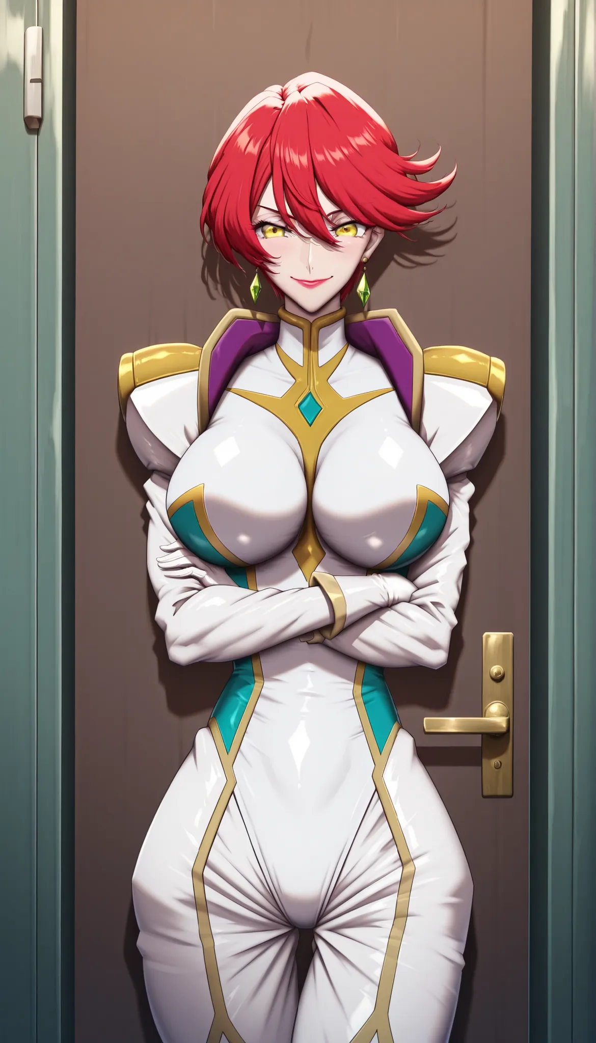 narah_pilotsuit,narah vaughn,1girl,solo,red hair, crossed arms,short hair,breasts ,yellow eyes,gloves,jewelry,earrings,lipstick,large breasts,mature female,MILF, standing , score_9, score_8_up, score_7_up, score_6_up, score_5_up, score_4_up , narah_pilotsu...