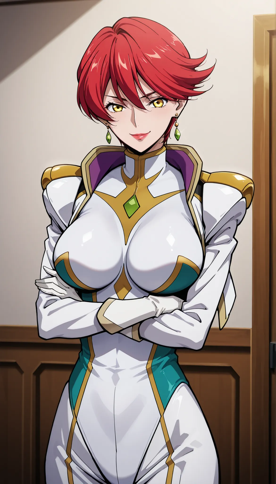 narah_pilotsuit,narah vaughn,1girl,solo,red hair, crossed arms,short hair,breasts ,yellow eyes,gloves,jewelry,earrings,lipstick,large breasts,mature female,MILF, standing , score_9, score_8_up, score_7_up, score_6_up, score_5_up, score_4_up , narah_pilotsu...