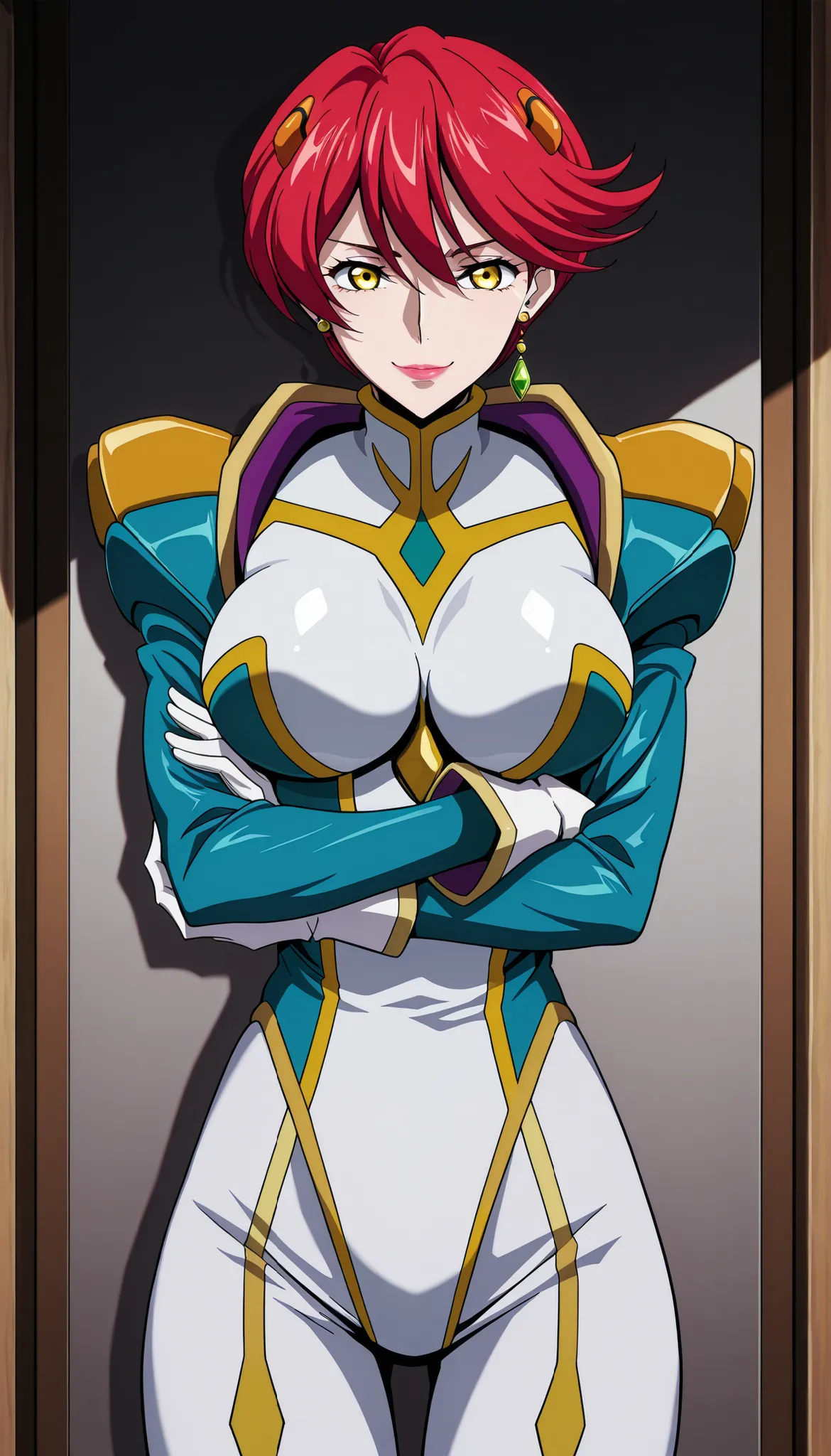 narah_pilotsuit,narah vaughn,1girl,solo,red hair, crossed arms,short hair,breasts ,yellow eyes,gloves,jewelry,earrings,lipstick,large breasts,mature female,MILF, standing , score_9, score_8_up, score_7_up, score_6_up, score_5_up, score_4_up , narah_pilotsu...