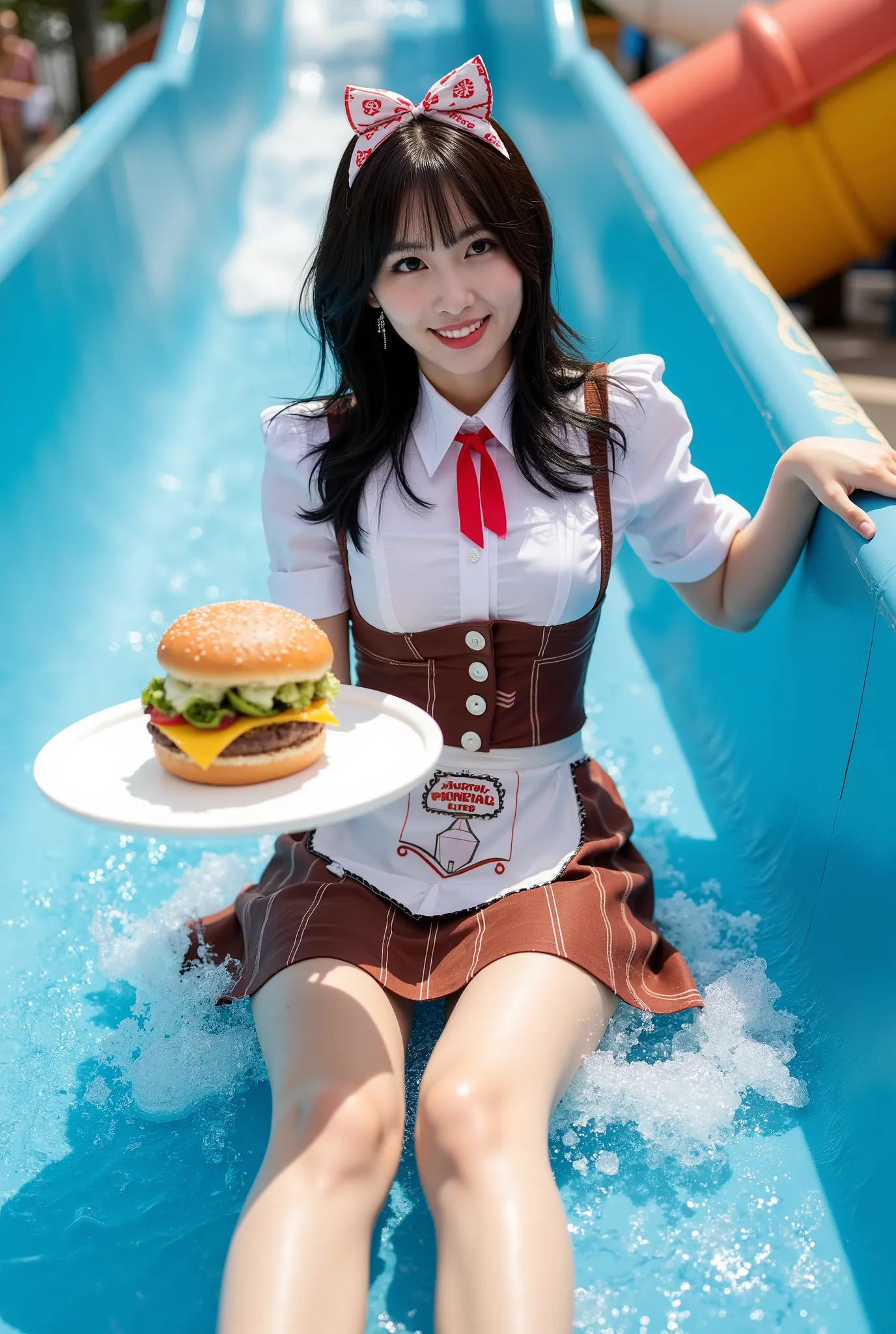 Create a portrait of a stunning Japanese singer with a slender figure, medium breasts, and thin legs. She has medium-length hair and is dressed in a Western-style saloon waitress outfit, featuring a skirt with a small apron design. The setting is a water p...