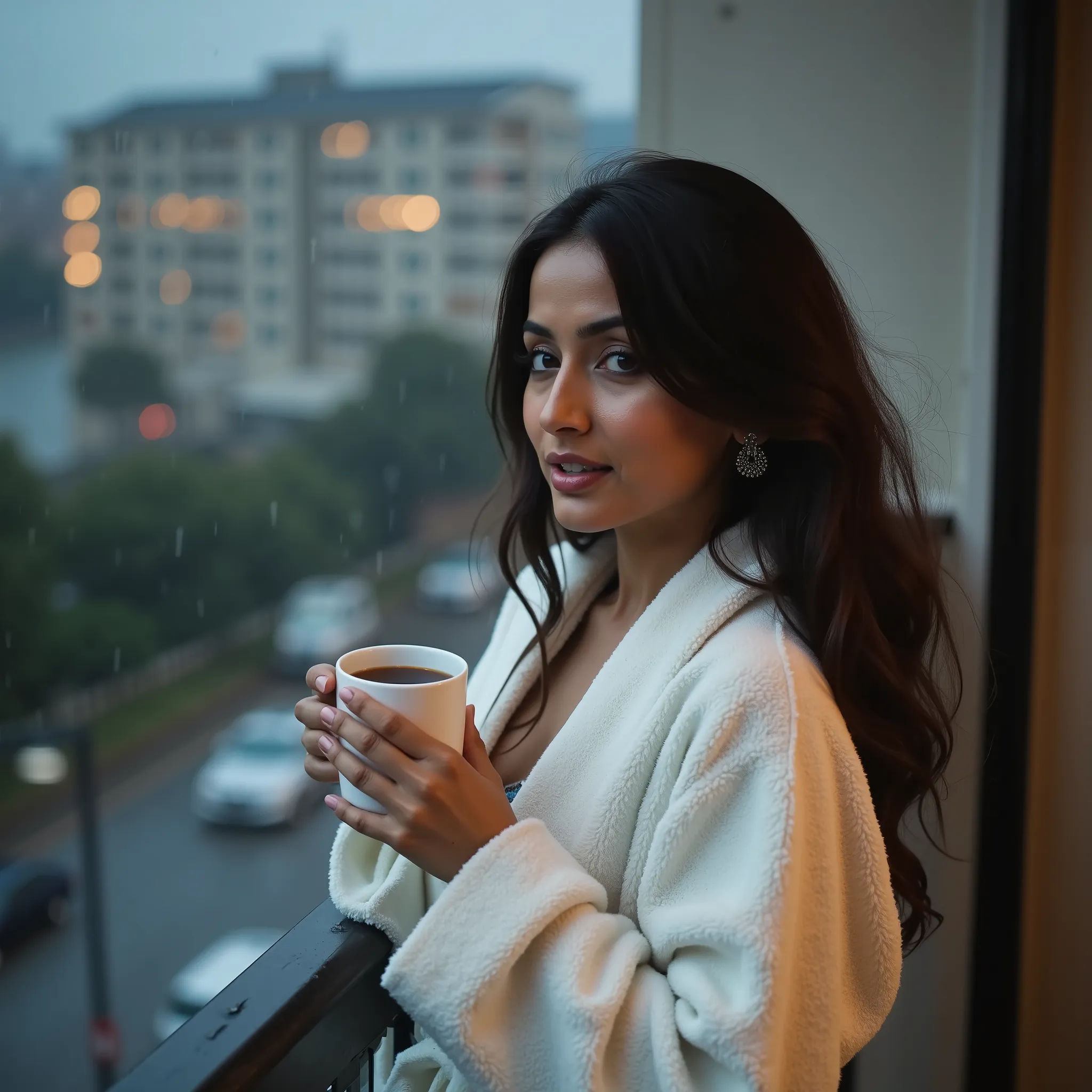 An indian woman,30s age milf and sexy figure woman,milf breasts,,full Ass,standing on outdoor balcony,she is watching outside,too hot woman,rainy evening,she is wearing a white bathrobe,she is drinking cup of hot tea,8K,cinematic,ultra real,too close photo...