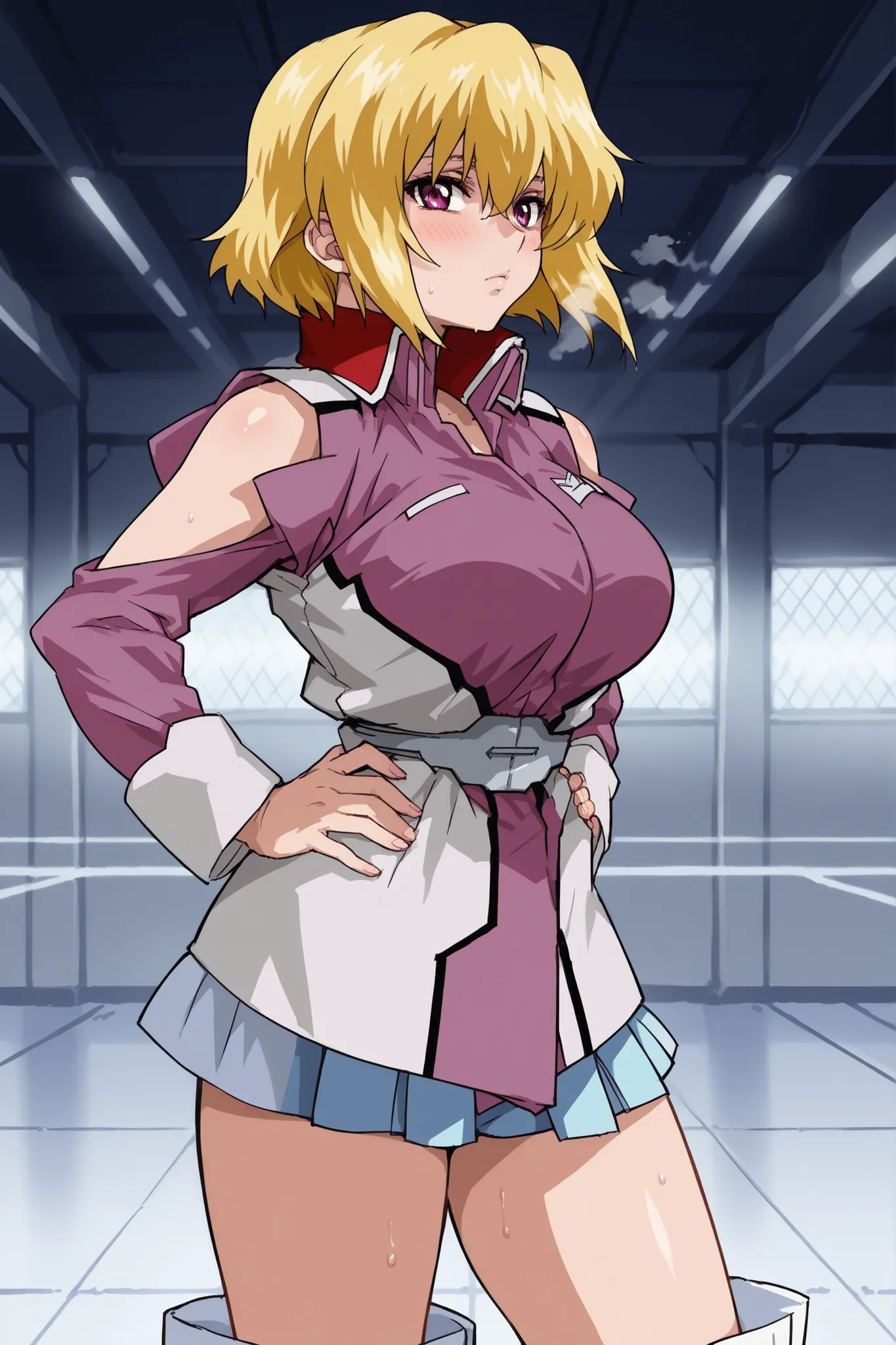 score_9,score_8_up,score_7_up,score_6_up,score_5_up,score_4_up,anime coloring,source_anime,anime screencap,stella,1girl,solo,purple eyes,blonde hair,short hair, pink jacket,shoulder cutout,blue one-piece,thigh boots,portrait,looking at viewer,looking at vi...