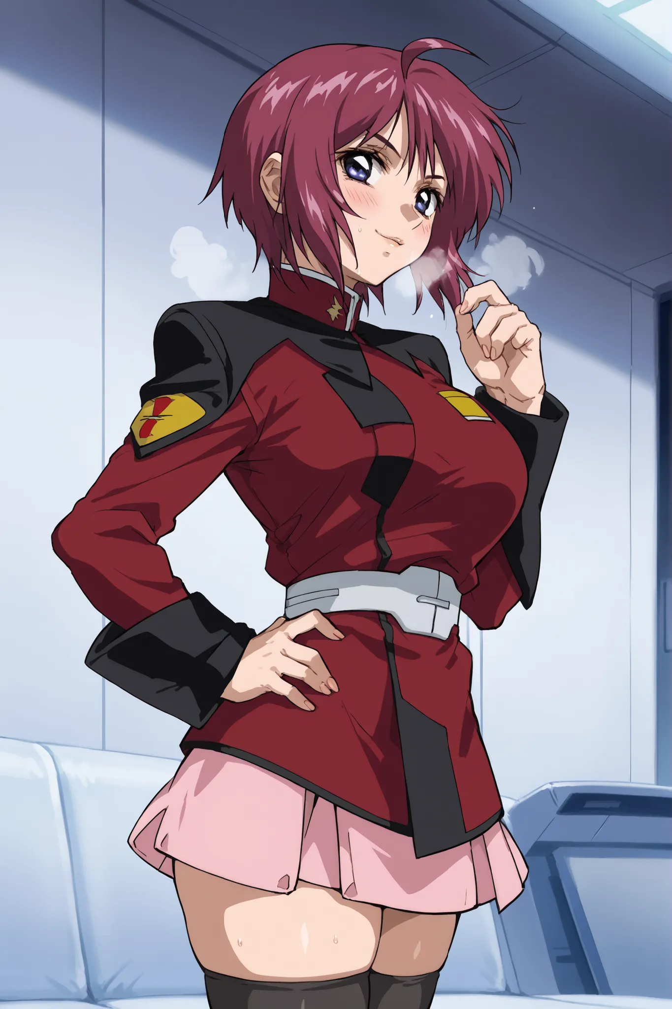score_9,score_8_up,score_7_up,score_6_up,score_5_up,score_4_up,anime coloring,source_anime,anime screencap,lunamaria,1girl,solo,blue eyes,red hair,short hair,ahoge, destiny jacket,belt,pink miniskirt,pleated skirt,black thighhighs,portrait,looking at viewe...