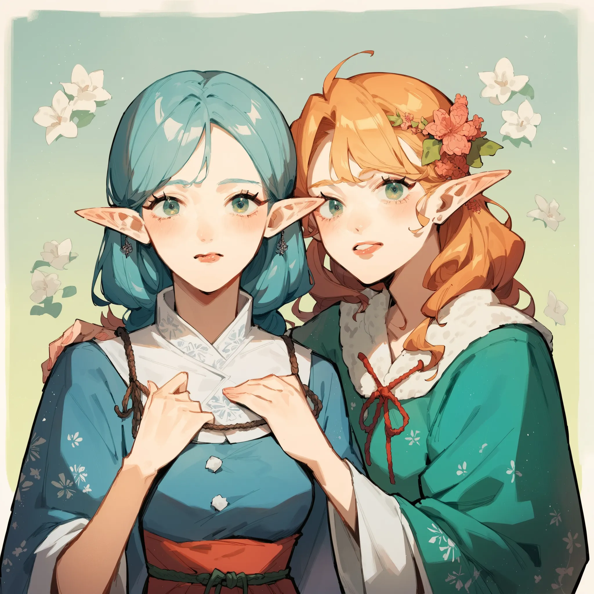 source_anime, score_9, score_8_up, score_7_up, score_6_up,Japanese art style, 2girl, one is tall and one is short, elf, looking at viewer, multicolor, sister, medieval Europe theme, the left is soft and delicate magician, the right is strong willed archer,