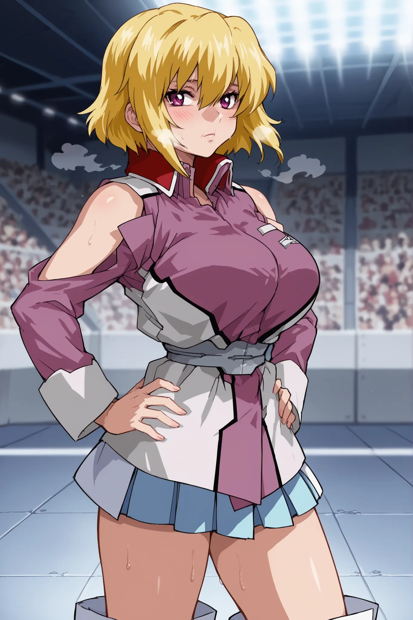 score_9,score_8_up,score_7_up,score_6_up,score_5_up,score_4_up,anime coloring,source_anime,anime screencap,stella,1girl,solo,purple eyes,blonde hair,short hair, pink jacket,shoulder cutout,blue one-piece,thigh boots,portrait,looking at viewer,looking at vi...