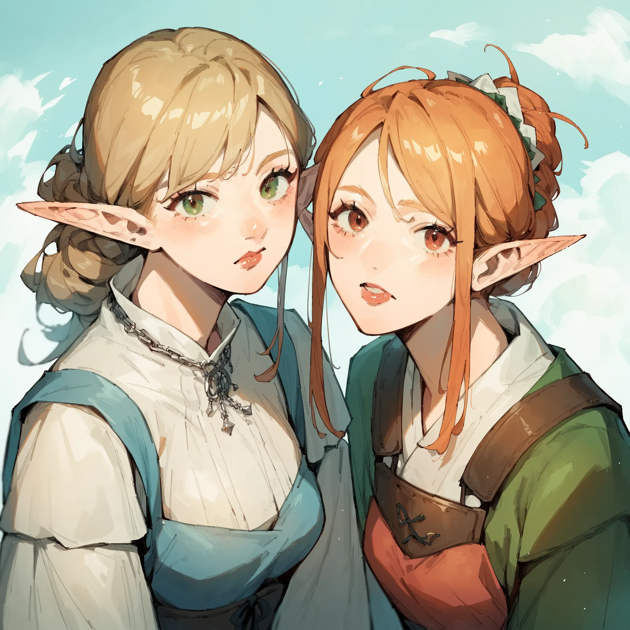 source_anime, score_9, score_8_up, score_7_up, score_6_up,Japanese art style, 2girl, one is tall and one is short, elf, looking at viewer, multicolor, sister, medieval Europe theme, the left is soft and delicate magician, the right is strong willed archer,
