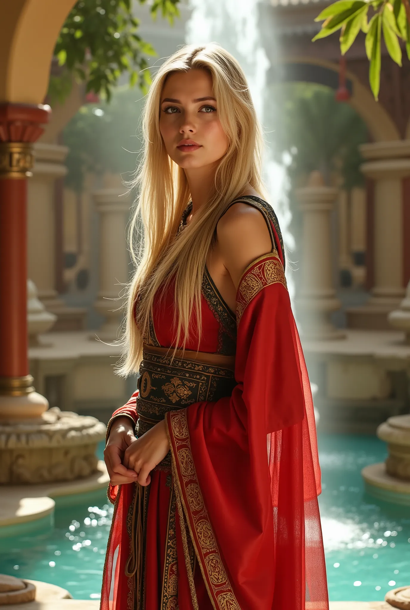 Create a realistic photograph of a beautiful 20-year-old girl with fair skin and long, straight blonde hair. She is dressed in an ancient Oriental-style costume, striking an elegant pose in a full-body shot. The background features the Hanging Gardens of B...