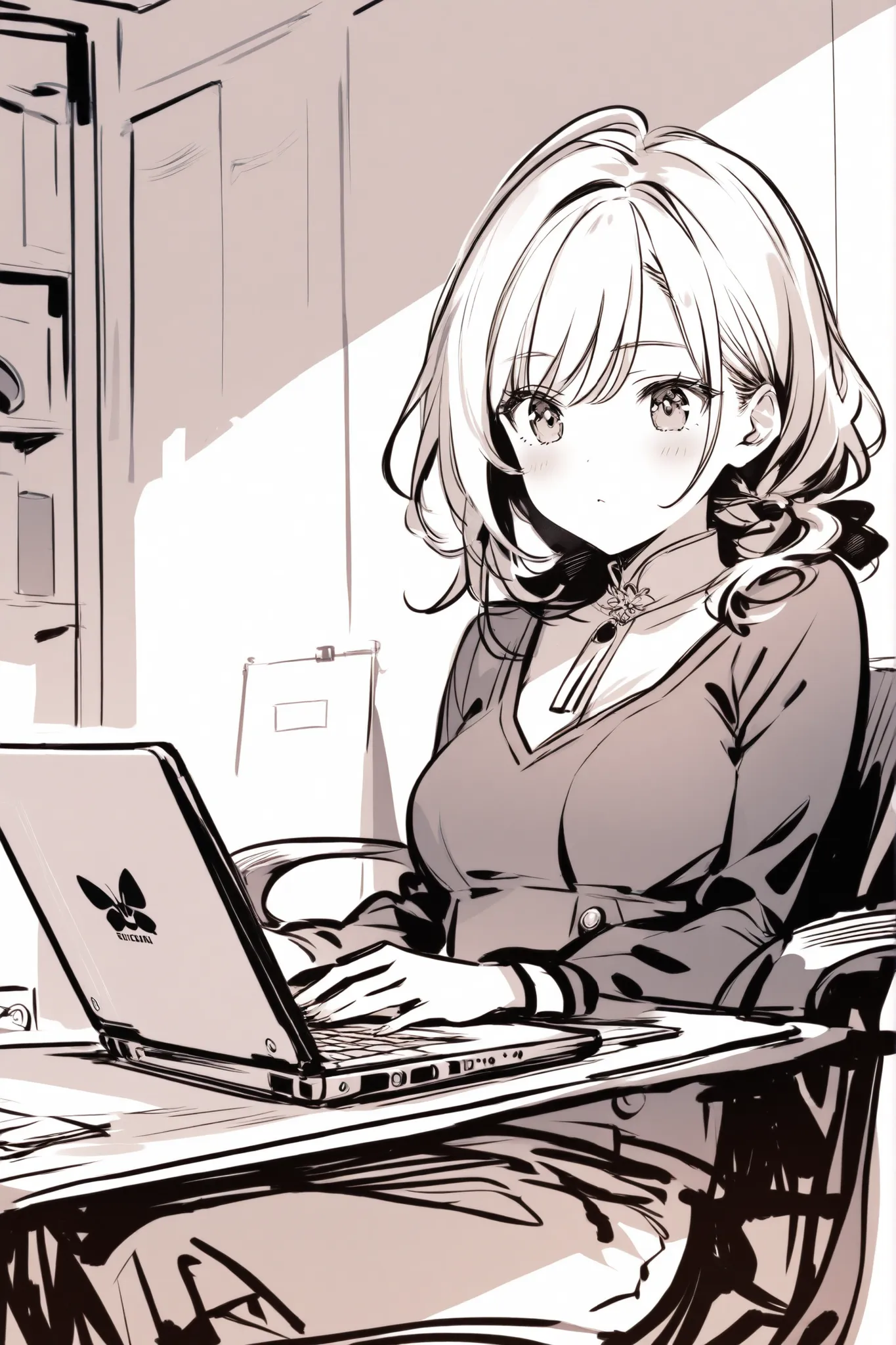 Monochrome rough sketch, laptop
