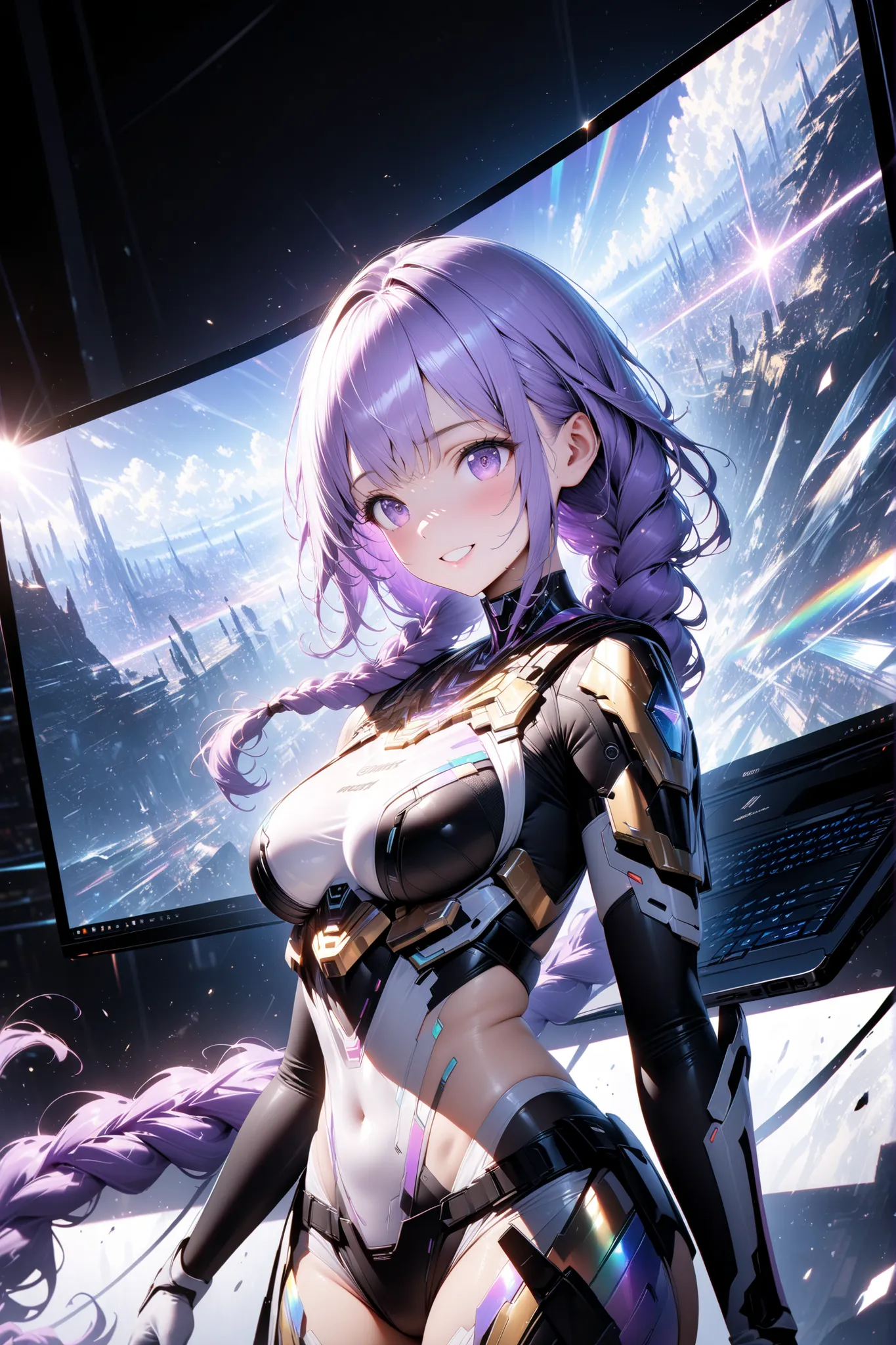 ultra detailed, absolutely resolution, masterpiece, beautiful cyber warrior with a relaxed smile, long braided purple hair, wearing cyber ​​warrior costume, super high-performance laptop being taken out of her, scatters magical iridescent gold dust of happ...