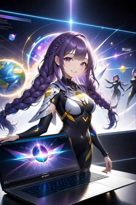 ultra detailed, absolutely resolution, masterpiece, beautiful cyber warrior with a relaxed smile, long braided purple hair, wearing cyber ​​warrior costume, super high-performance laptop being taken out of her, scatters magical iridescent gold dust of happ...