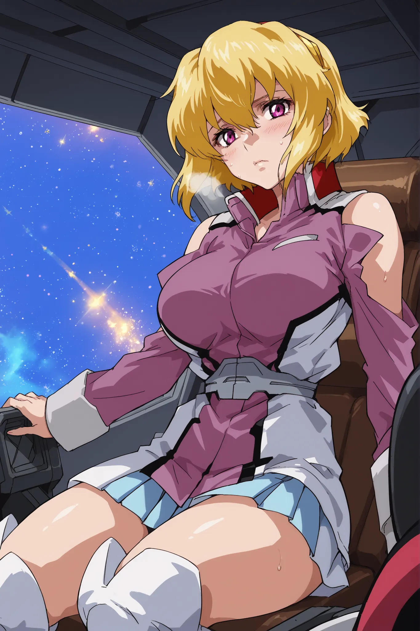 score_9,score_8_up,score_7_up,score_6_up,score_5_up,score_4_up,anime coloring,source_anime,anime screencap,stella,1girl,solo,purple eyes,blonde hair,short hair, pink jacket,shoulder cutout,blue one-piece,thigh boots,portrait,looking at viewer,looking at vi...