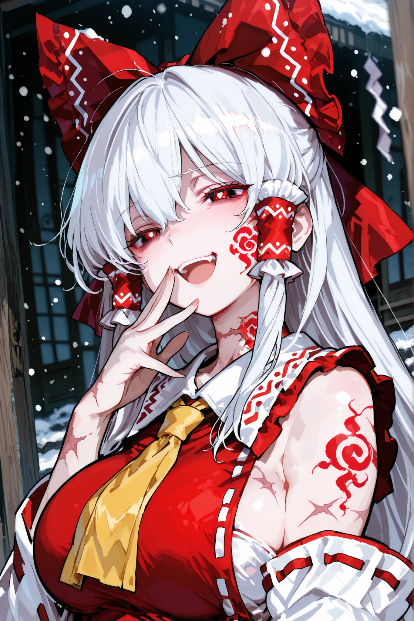 Oriental fantasy land,Reimu Hakurei,white hair！，long white hair（Hair like snow），Big breasts（1.5），Red tattoo on the arm，Red cheek tattoo，Red tattoo on the neck，waist red tattoo，,dark eyes white red pupils，laughing out loud,Full body scar , masterpiece,Highe...