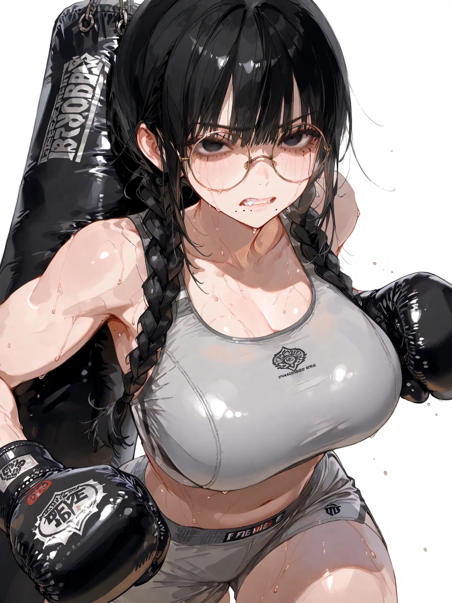 girl、high school students、black hair、pigtails、braids、Narrow eyes、black eyes、have a mole in the lower right corner of the mouth、simple round glasses、Gray sportswear 、black colored boxing gloves、F cup、Big Breasts、plump body、Fat、serious expression、Get yourse...