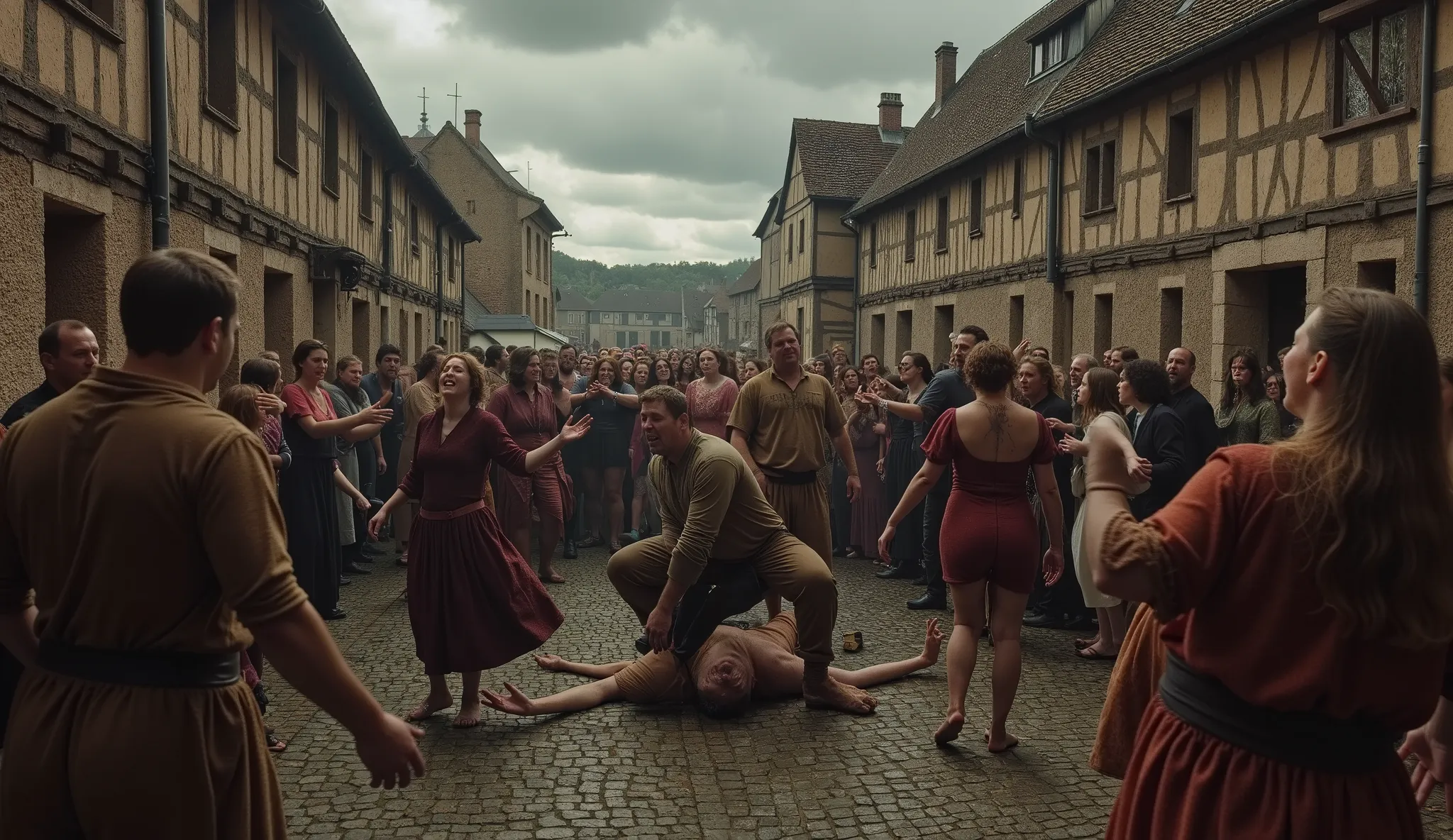 A surreal and dramatic historical scene depicting the "Dancing Plague" or "Dancing Mania" (Choreomania) in 1518 Strasbourg, where dozens of medieval townspeople dance uncontrollably in the streets. The crowd looks exhausted, with expressions of anguish and...