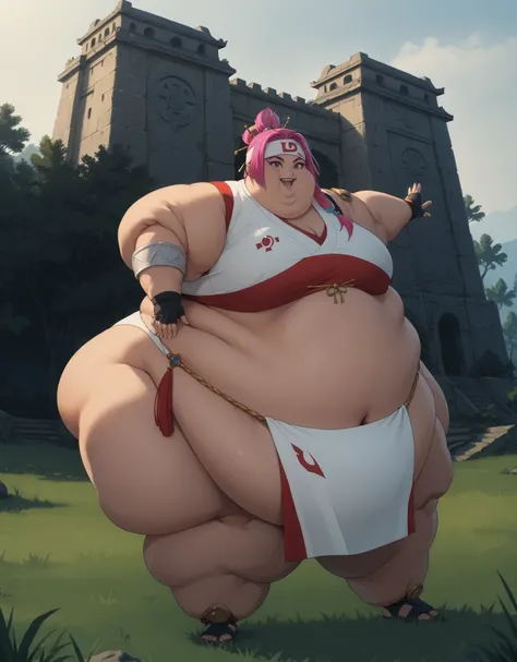 score_9, score_8_up, score_7_up,  source_anime,  BREAK solo, 1 girl, miko,multicolored hair, low ponytail, headband, sleeveless crop top, cleavage, midriff, loincloth, armlet, fingerless gloves, smile, open mouth, looking at viewer, breasts, 1 girl, solo, ...