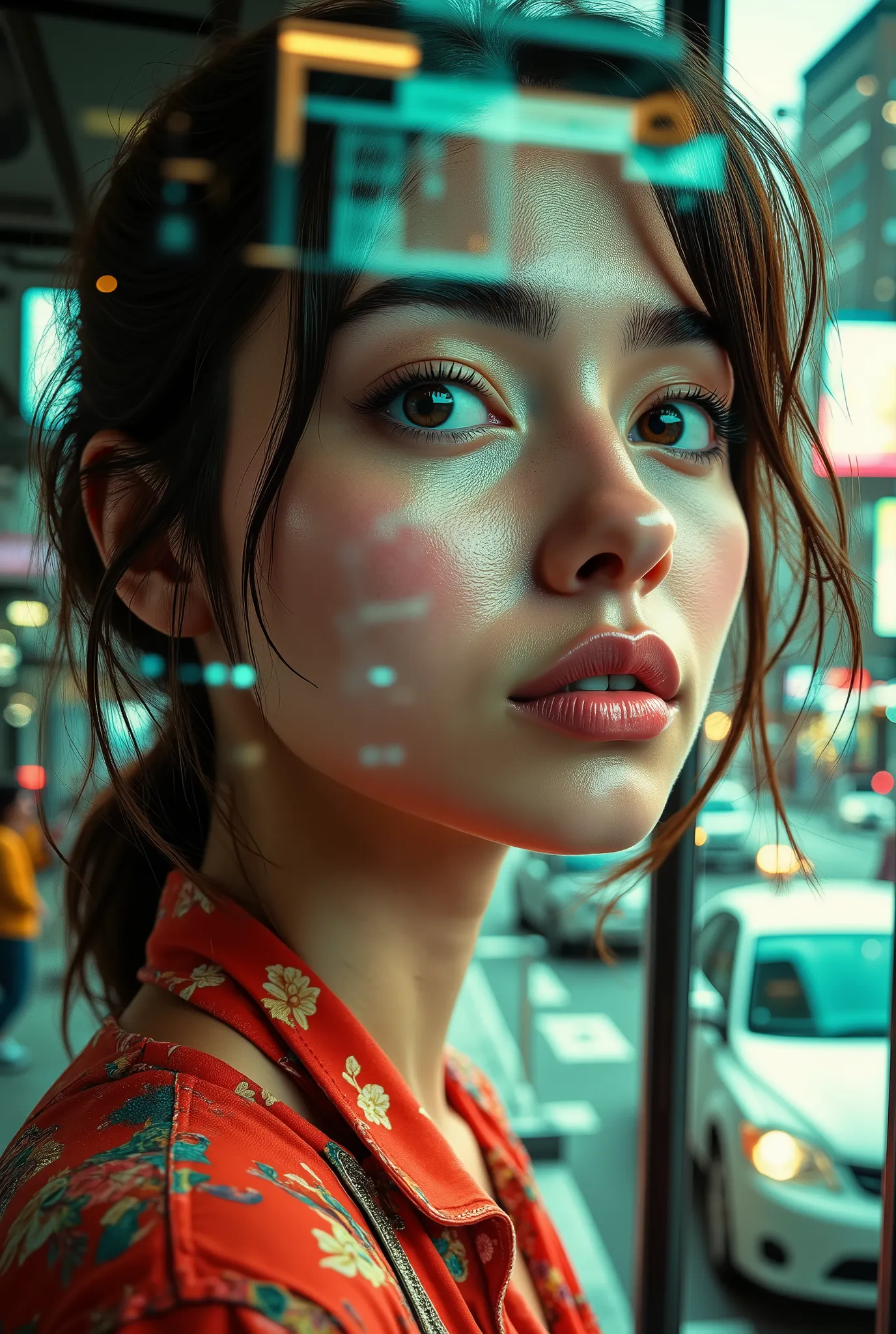 Closeup Girl、Street in the City、Girl through a Window、Realistic Scene Reflected in Glass