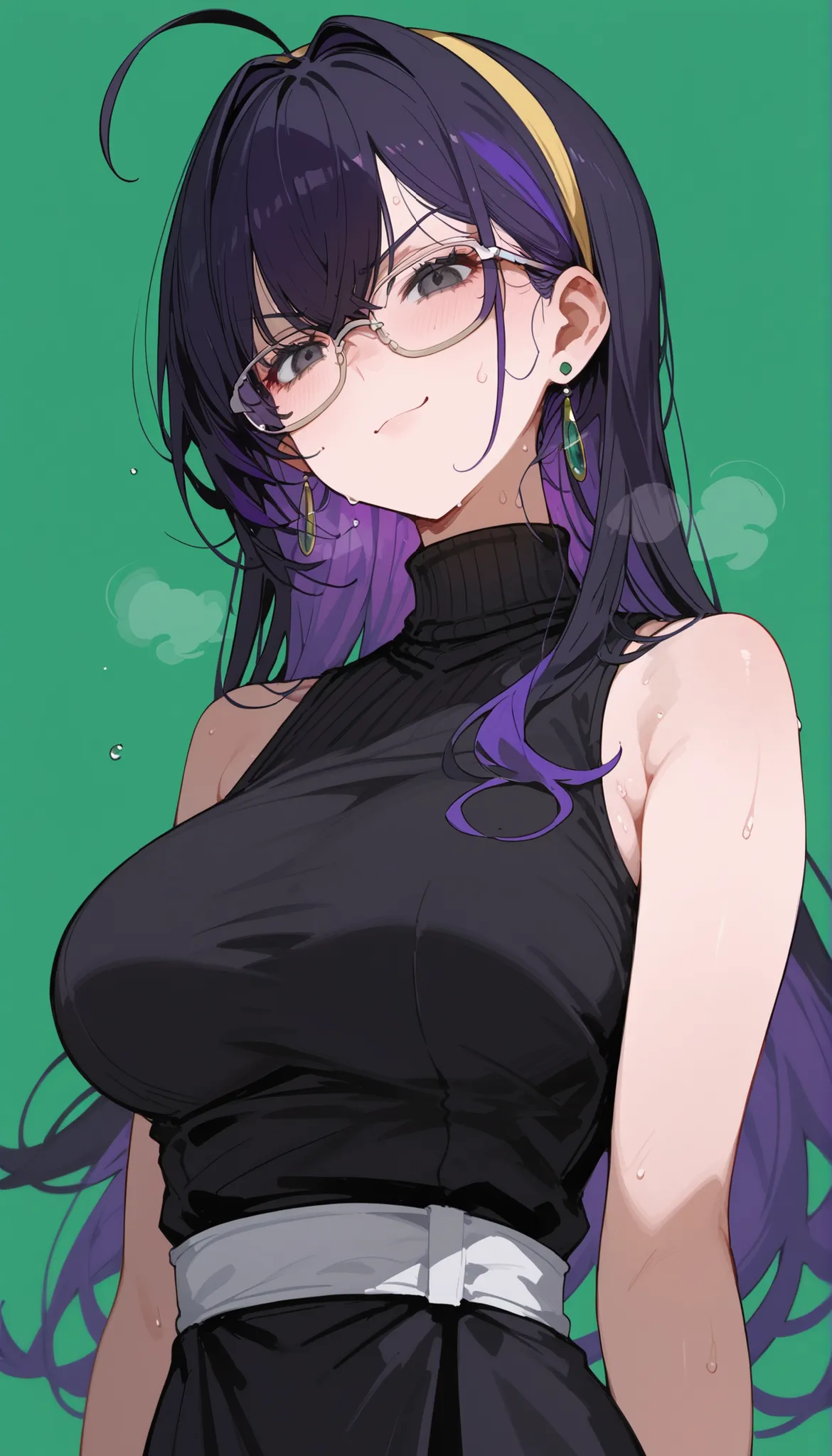 girl,purple hair, Black hair, Two tone hair,long hair,in Black Eyes,, in the empty eye,,Polo shirt ,Black Sleeveless Top,Square Glasses,awesome,milf,Gown,standing up,green background,Shirt,All Black Dress,white waistband,Turtleneck,Sweat Clear Earrings,Yel...