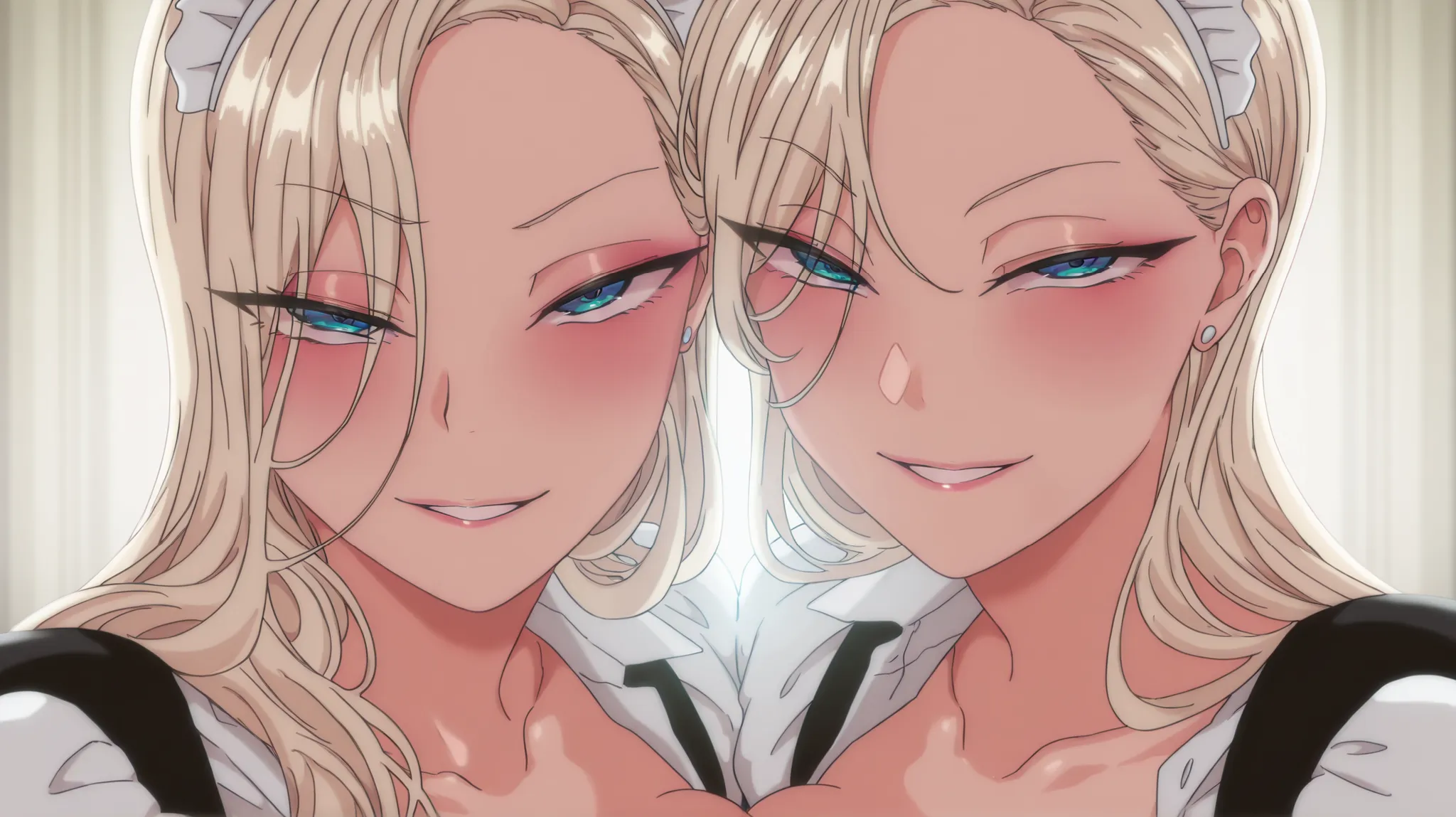 masterpiece, best quality, amazing quality, 2 girls, kurashiki reigns, long hair, blue eyes, blonde hair, smile, half-closed eyes, parted lips, looking at viewer, kurashiki reigns, long hair, blue eyes, blonde hair, maid outfit, milf, seductive body, sensu...