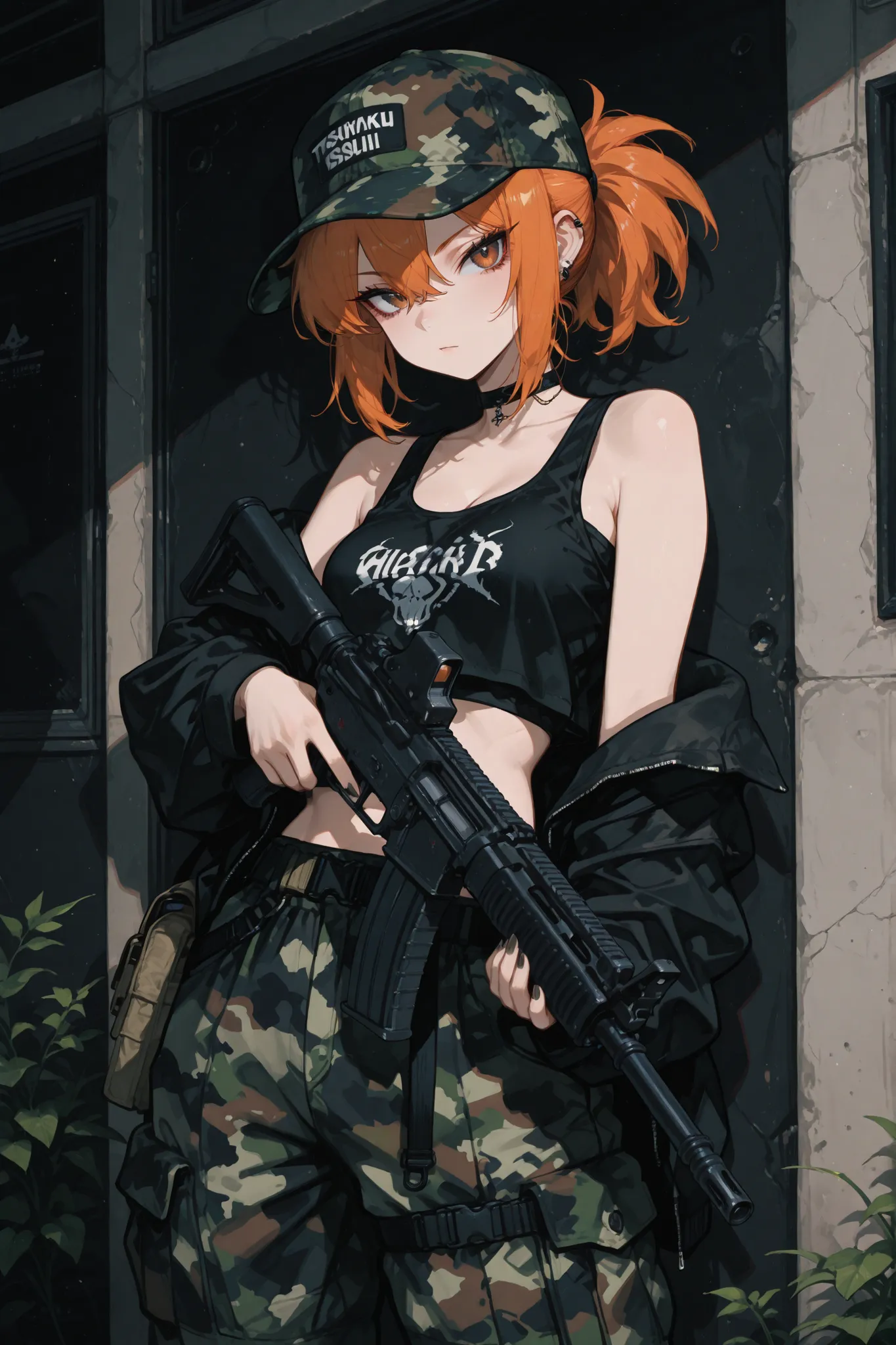 masterpiece, best quality, amazing quality, niji style, gothic style, hyper-detailed, newest, very aesthetic, 1girl, tsurime, orange hair, short hair, ponytail, camouflage hat, tank top, black shirt, crop top, holding gun, assault rifle, absurdres, highres