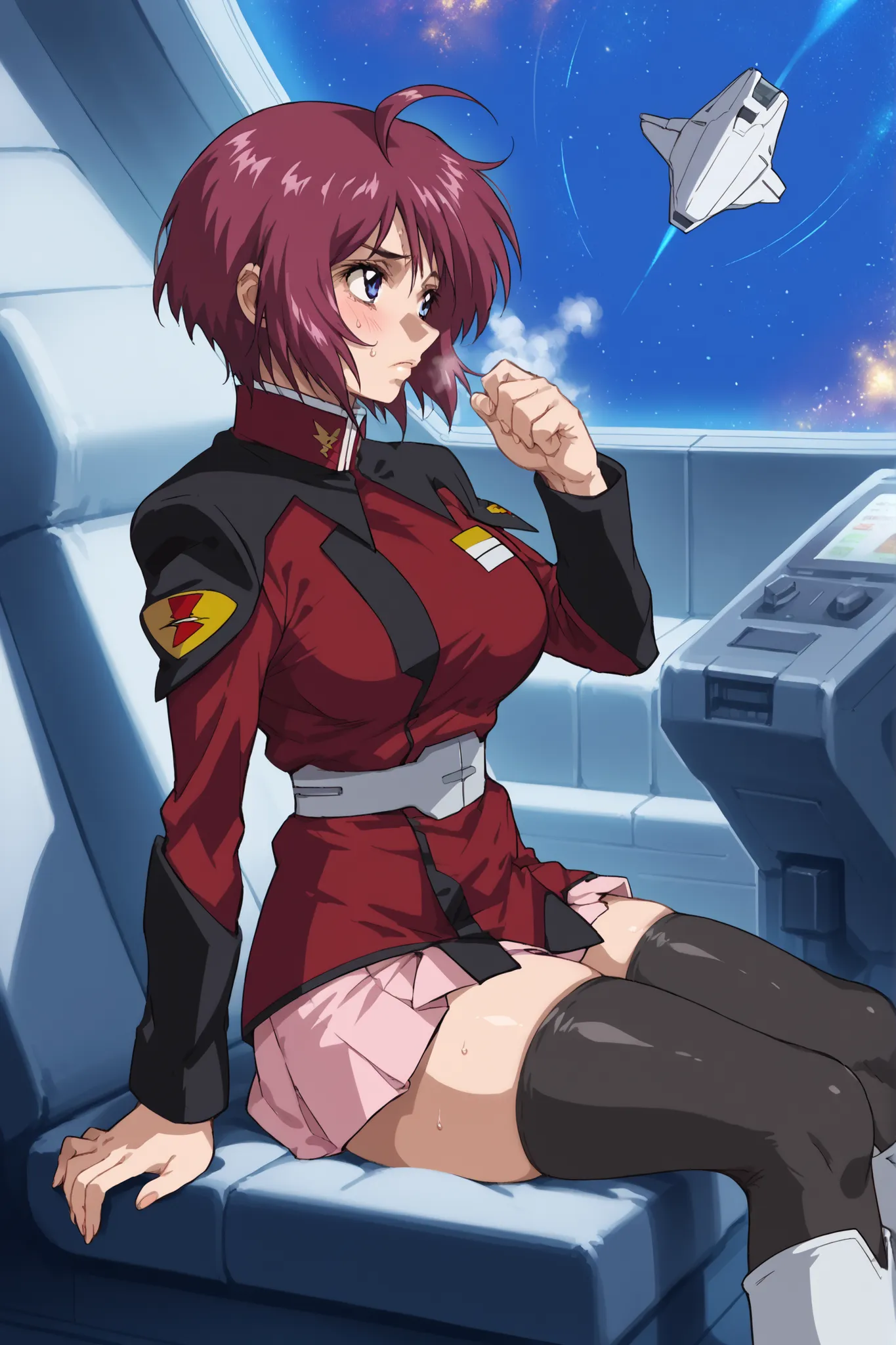 score_9,score_8_up,score_7_up,score_6_up,score_5_up,score_4_up,anime coloring,source_anime,anime screencap,lunamaria,1girl,solo,blue eyes,red hair,short hair,ahoge, destiny jacket,belt,pink miniskirt,pleated skirt,black thighhighs,knee boots,solo, be shy o...