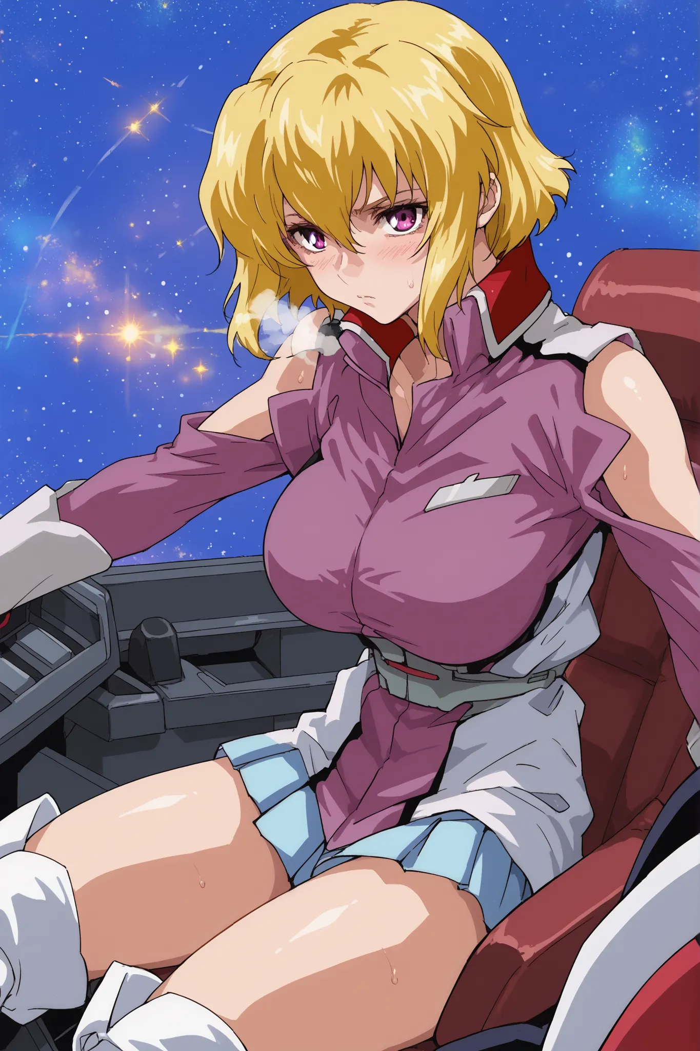 score_9,score_8_up,score_7_up,score_6_up,score_5_up,score_4_up,anime coloring,source_anime,anime screencap,stella,1girl,solo,purple eyes,blonde hair,short hair, pink jacket,shoulder cutout,blue one-piece,thigh boots,portrait,looking at viewer,looking at vi...
