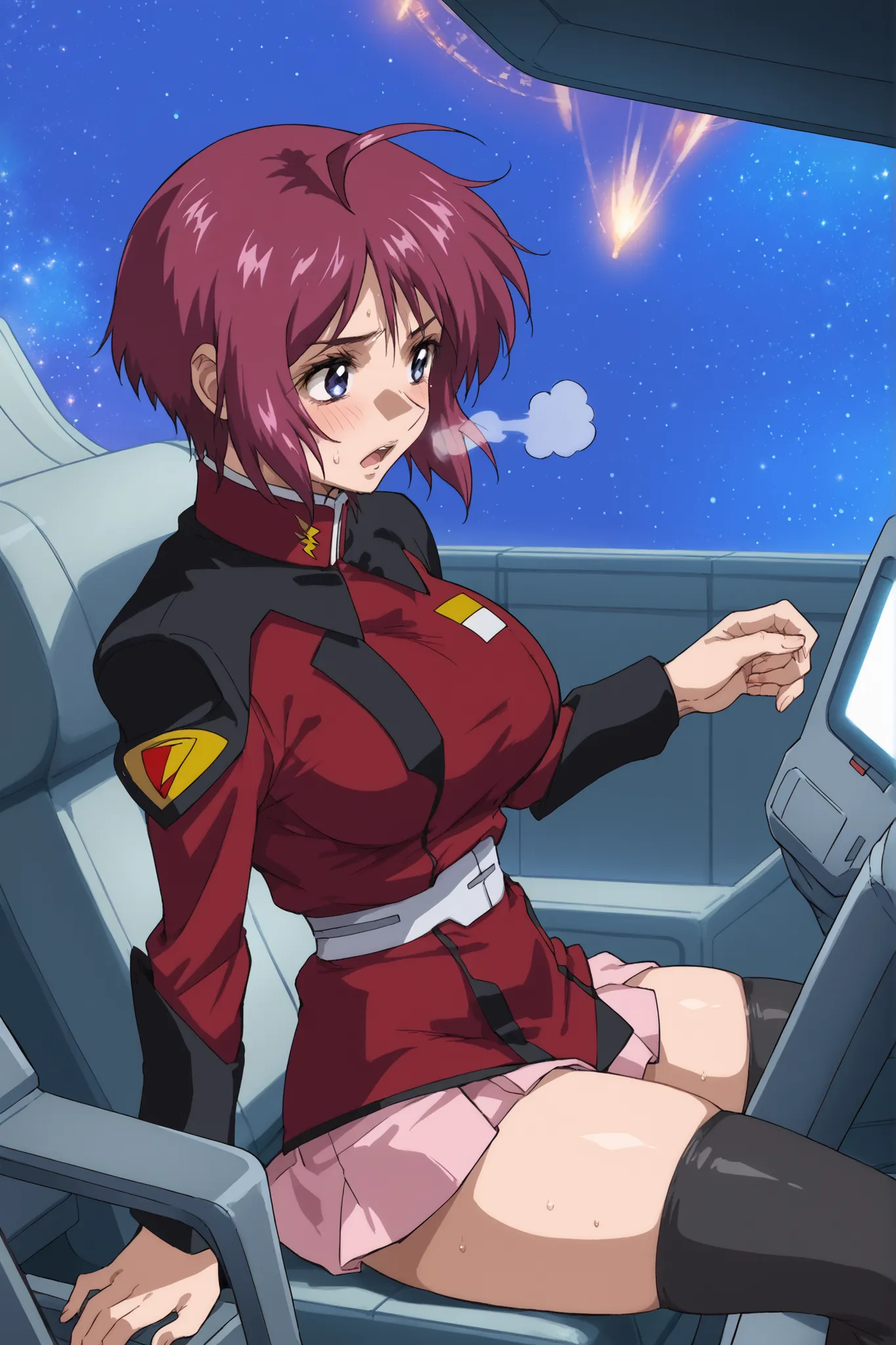 score_9,score_8_up,score_7_up,score_6_up,score_5_up,score_4_up,anime coloring,source_anime,anime screencap,lunamaria,1girl,solo,blue eyes,red hair,short hair,ahoge, destiny jacket,belt,pink miniskirt,pleated skirt,black thighhighs,solo, be shy of, blush, l...