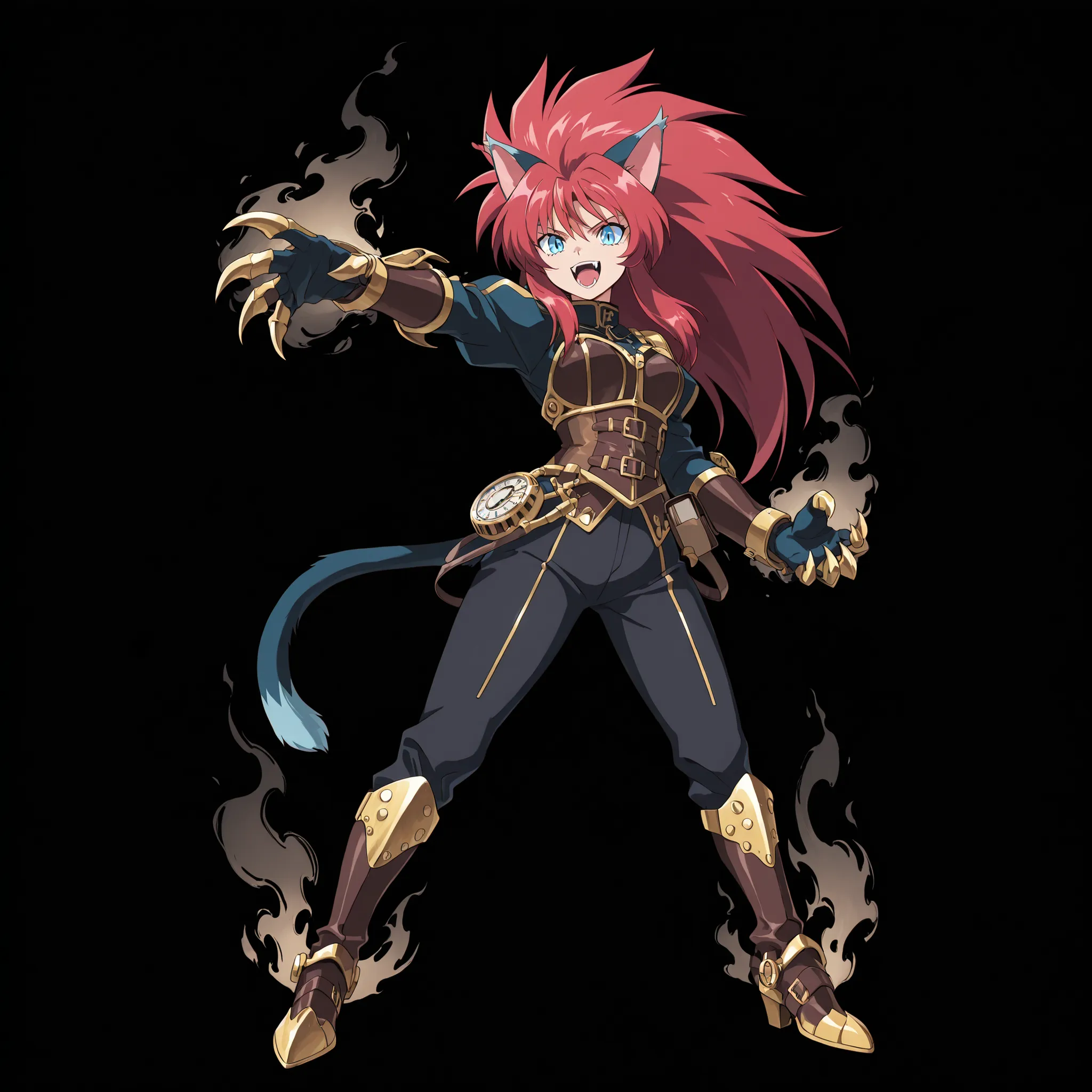 ((solo:5.5)), score_9, score_8_up, best quality, masterpiece, 2d, intricate details, official style, anime, anime style, full body picture, catgirl, 1girl, red hair, spiked hair, blue eyes, enchanting eyes, wild hair, long hair, fangs, animal ears, pointed...