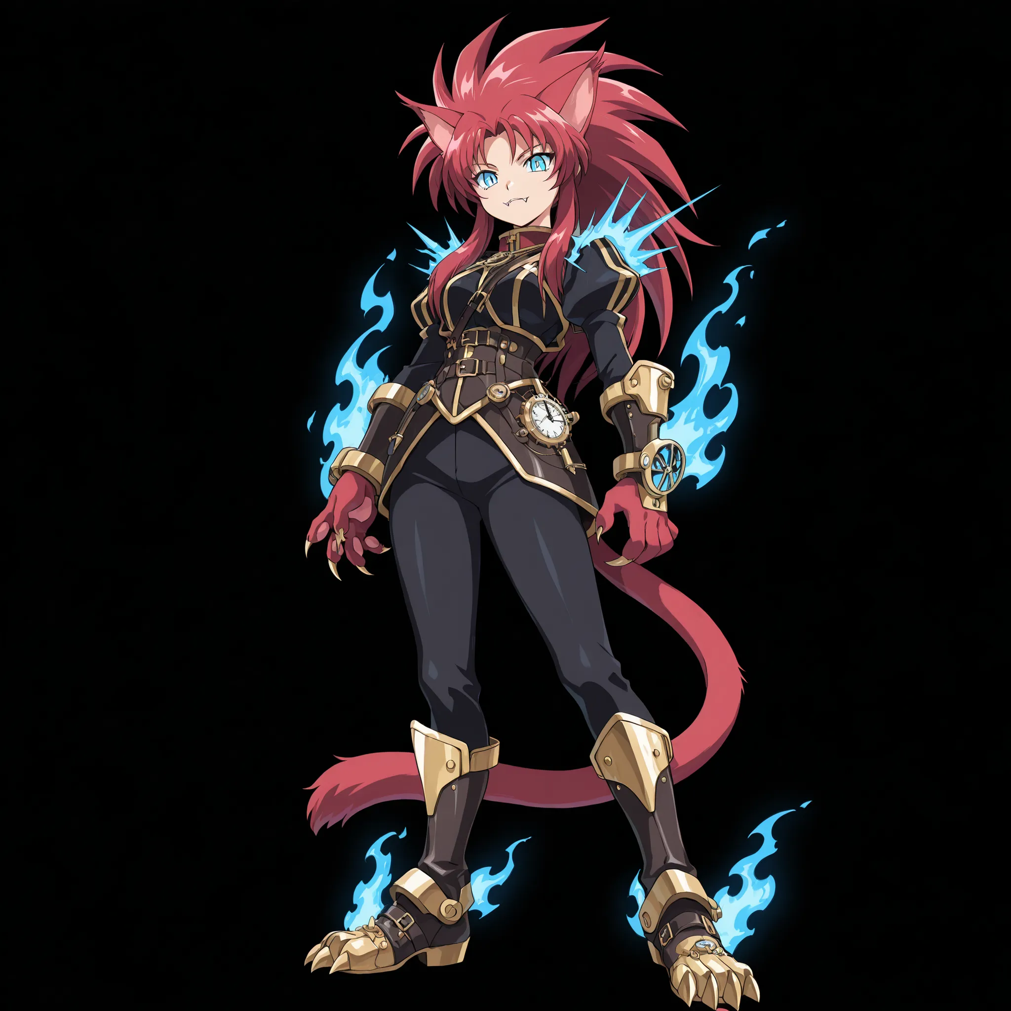 ((solo:5.5)), score_9, score_8_up, best quality, masterpiece, 2d, intricate details, official style, anime, anime style, full body picture, catgirl, 1girl, red hair, spiked hair, blue eyes, enchanting eyes, wild hair, long hair, fangs, animal ears, pointed...