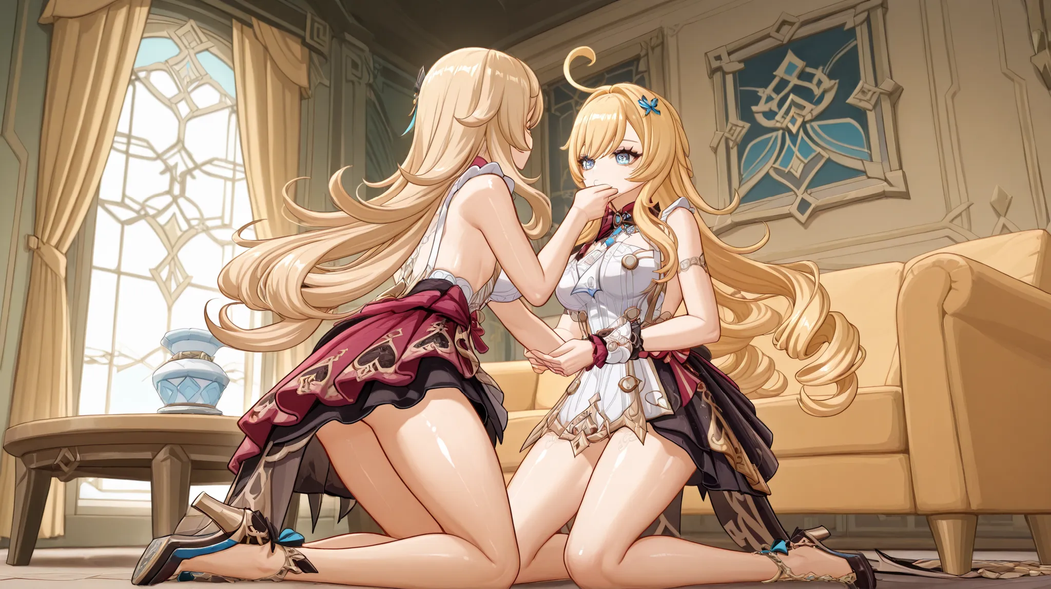 escoffier, navia (genshin impact) two young women playfully interacting with each other in a modern living room setting. the image also shows a cozy living room with a beige sofa, a glass coffee table, and beige curtains. on the left side of the image, a y...