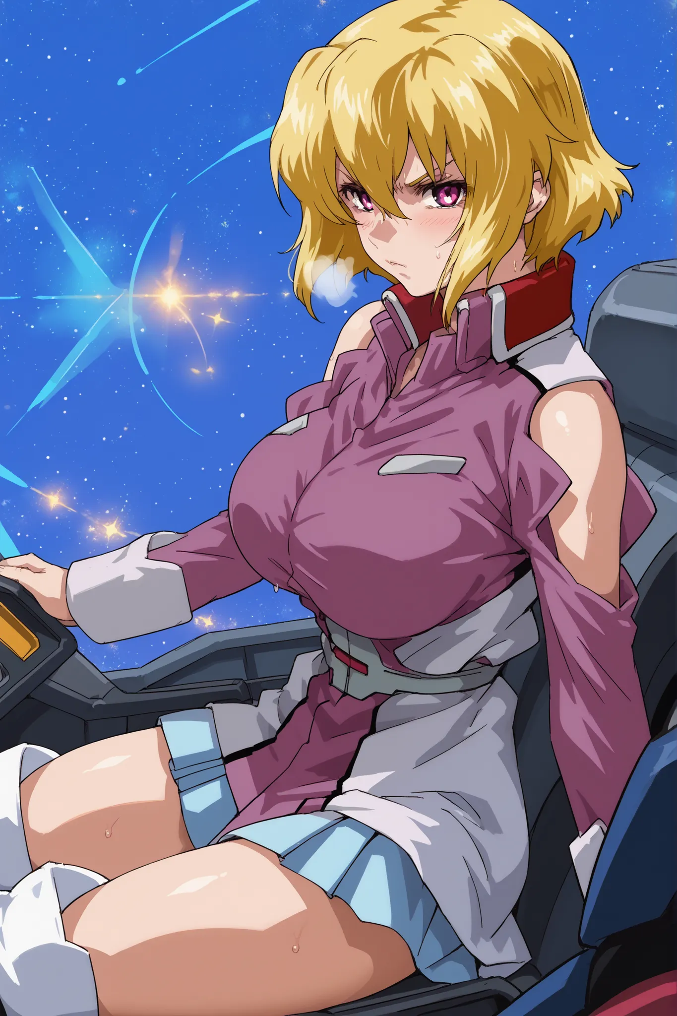 score_9,score_8_up,score_7_up,score_6_up,score_5_up,score_4_up,anime coloring,source_anime,anime screencap,stella,1girl,solo,purple eyes,blonde hair,short hair, pink jacket,shoulder cutout,blue one-piece,thigh boots,portrait,looking at viewer,looking at vi...