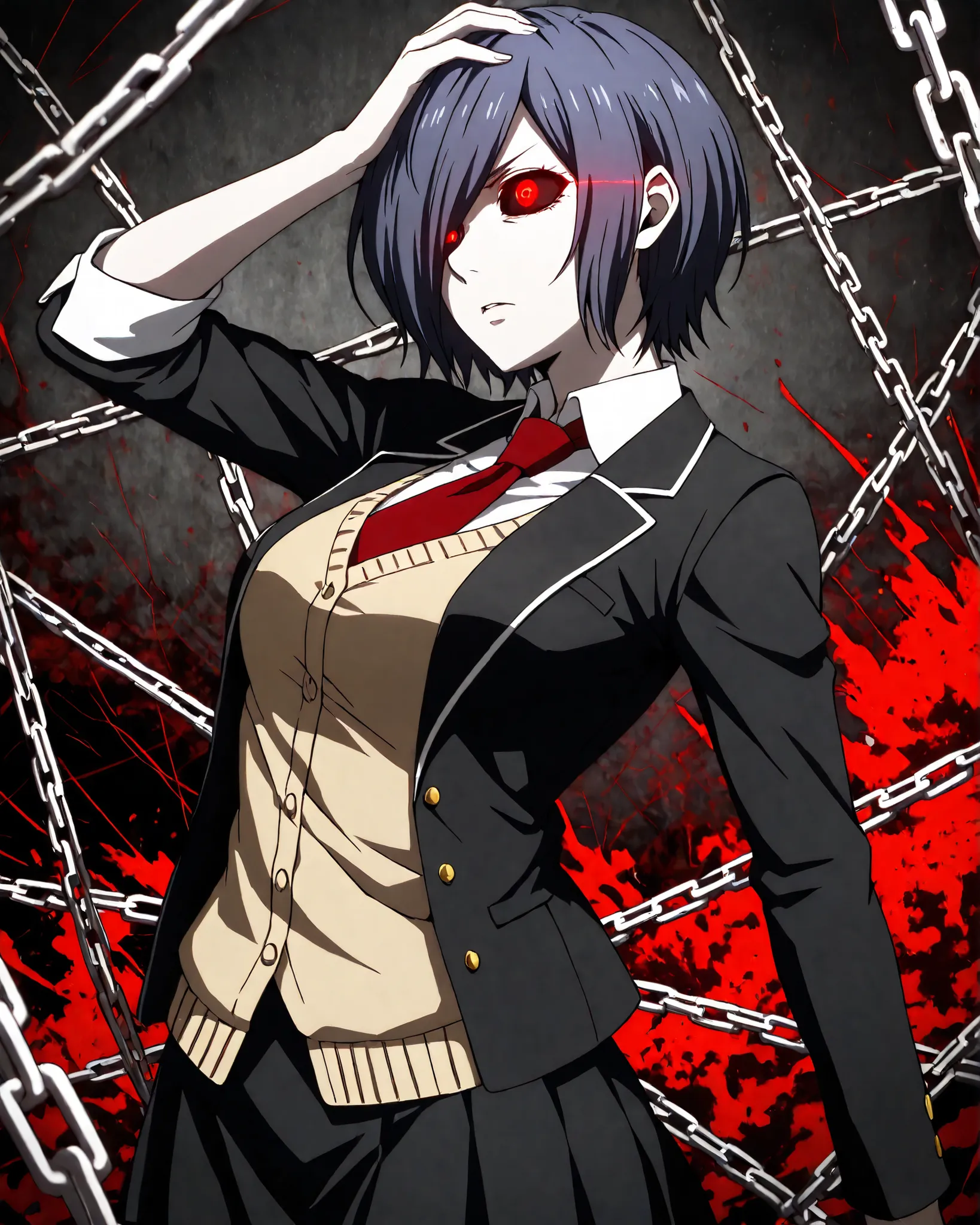 highly detailed, ultra-detailed, finely crafted features, masterpiece, Kirishima touka, Tokyo ghoul, anime girl, blue-purple hair, Short hair, Touka Kirishima hairstyle, covering her hair on the left side of her face,   ghoul eyes, red eyes, glowing, color...