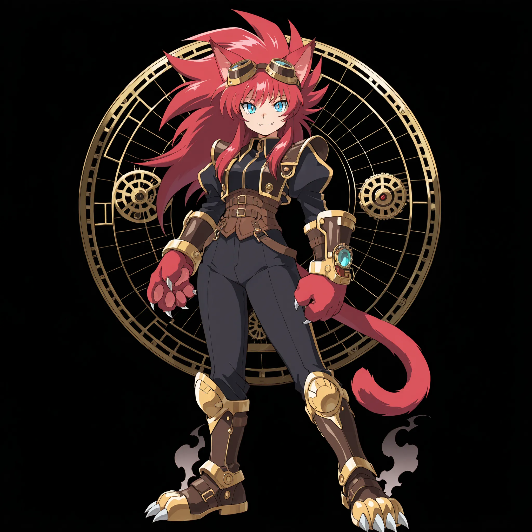 ((solo:5.5)), score_9, score_8_up, best quality, masterpiece, 2d, intricate details, official style, anime, anime style, full body picture, catgirl, 1girl, red hair, spiked hair, blue eyes, enchanting eyes, wild hair, long hair, small smile, fangs, animal ...