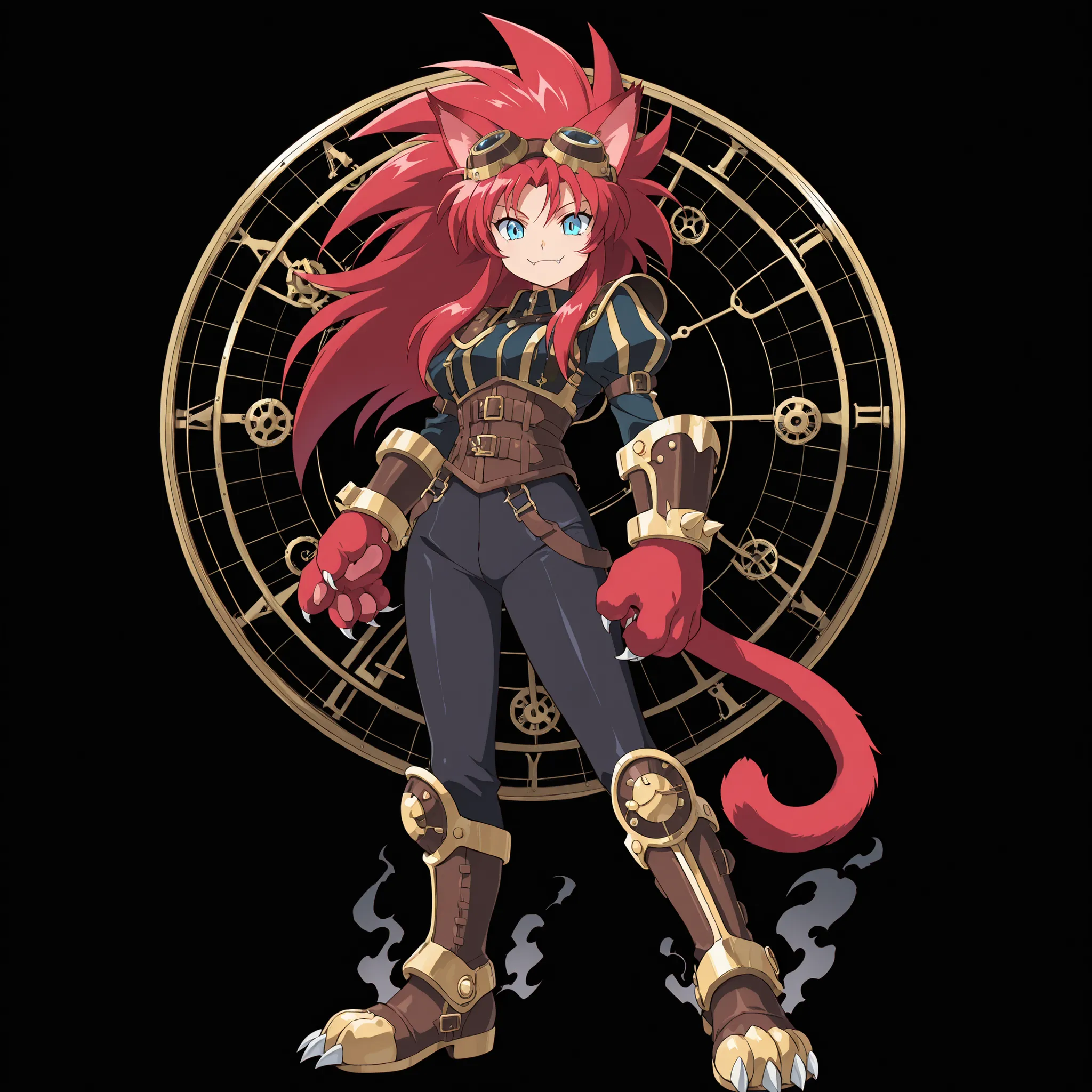 ((solo:5.5)), score_9, score_8_up, best quality, masterpiece, 2d, intricate details, official style, anime, anime style, full body picture, catgirl, 1girl, red hair, spiked hair, blue eyes, enchanting eyes, wild hair, long hair, small smile, fangs, animal ...