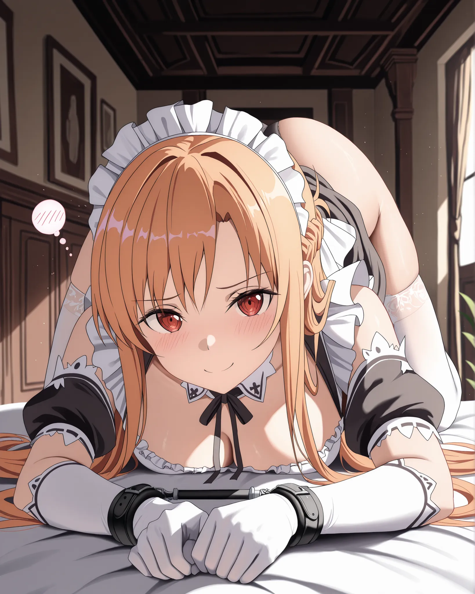 masterpiece, excellent quality, best quality, is absolutely glamorous, sexy results, high resolution, en yeni, Inside, 1girl, (Full length view from head to toe), Sword Art Online's Asuna Yuuki lies in a seductive pose extending her sexy arms to the viewe...