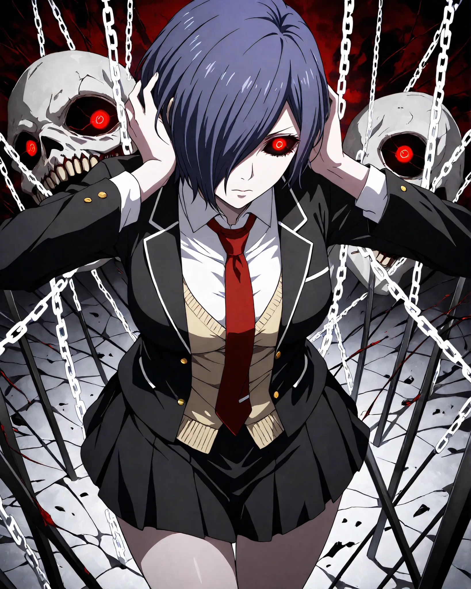 highly detailed, ultra-detailed, finely crafted features, masterpiece, Kirishima touka, Tokyo ghoul, anime girl, blue-purple hair, Short hair, Touka Kirishima hairstyle, covering her hair on the left side of her face,   ghoul eyes, red eyes, glowing, color...