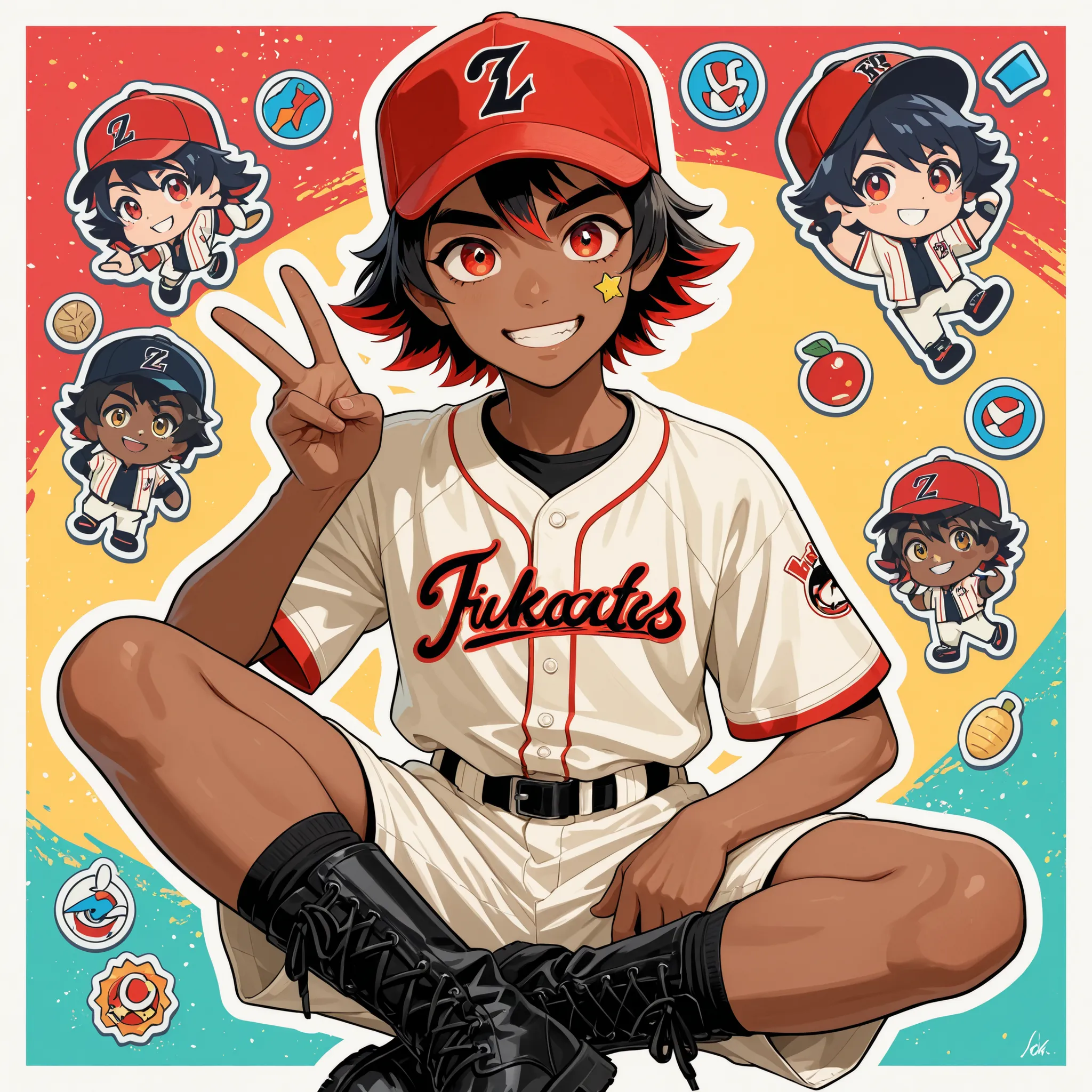 Sticker style, with highlighted border with linear art. Fair-skinned boy with short black hair, with crimson streaks pulled down, wearing a sweet smile, with almond-colored eyes with a tempting expression from top to bottom, looking at the viewer, wearing ...